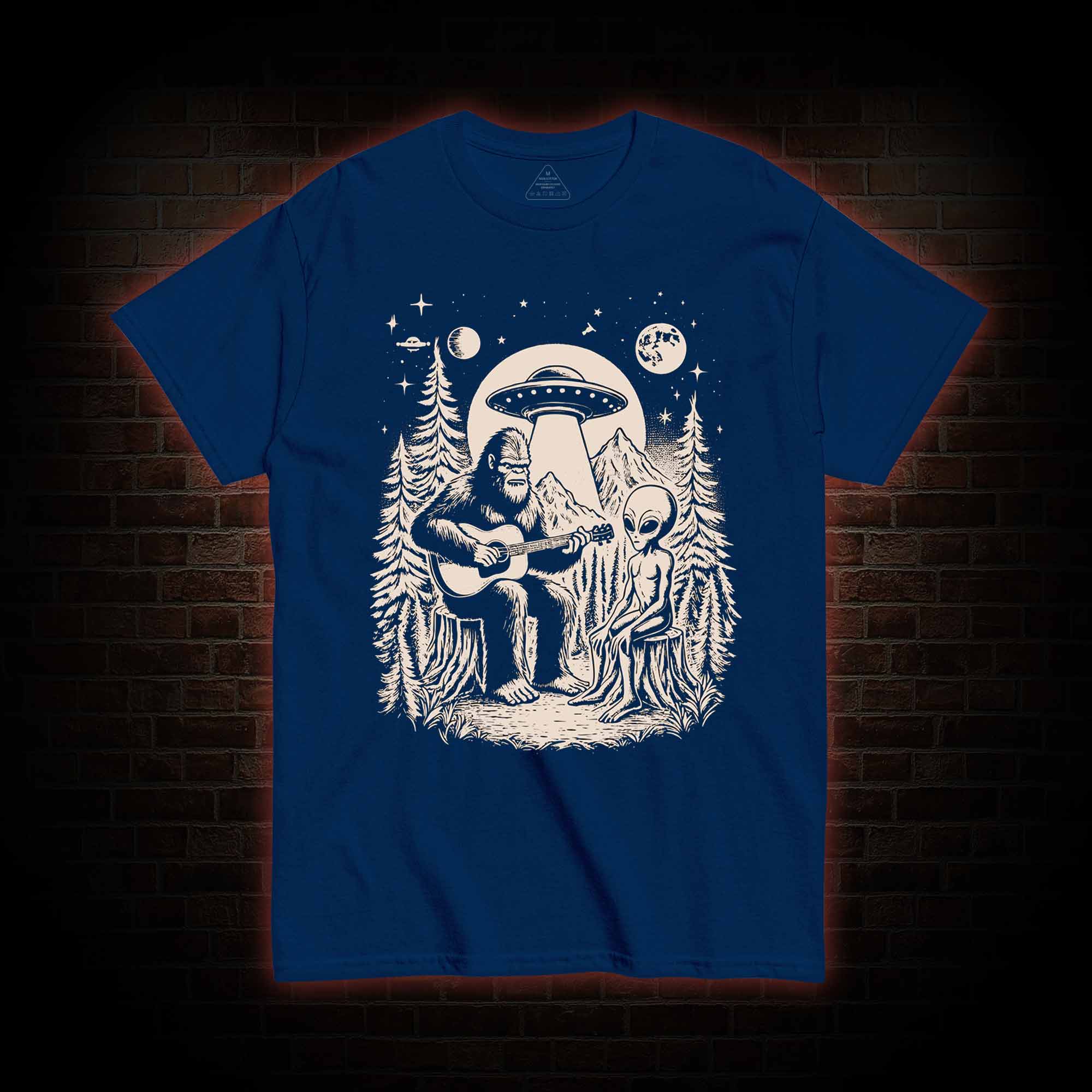 Bigfoot Playing Guitar With Alien and UFO T-Shirt 