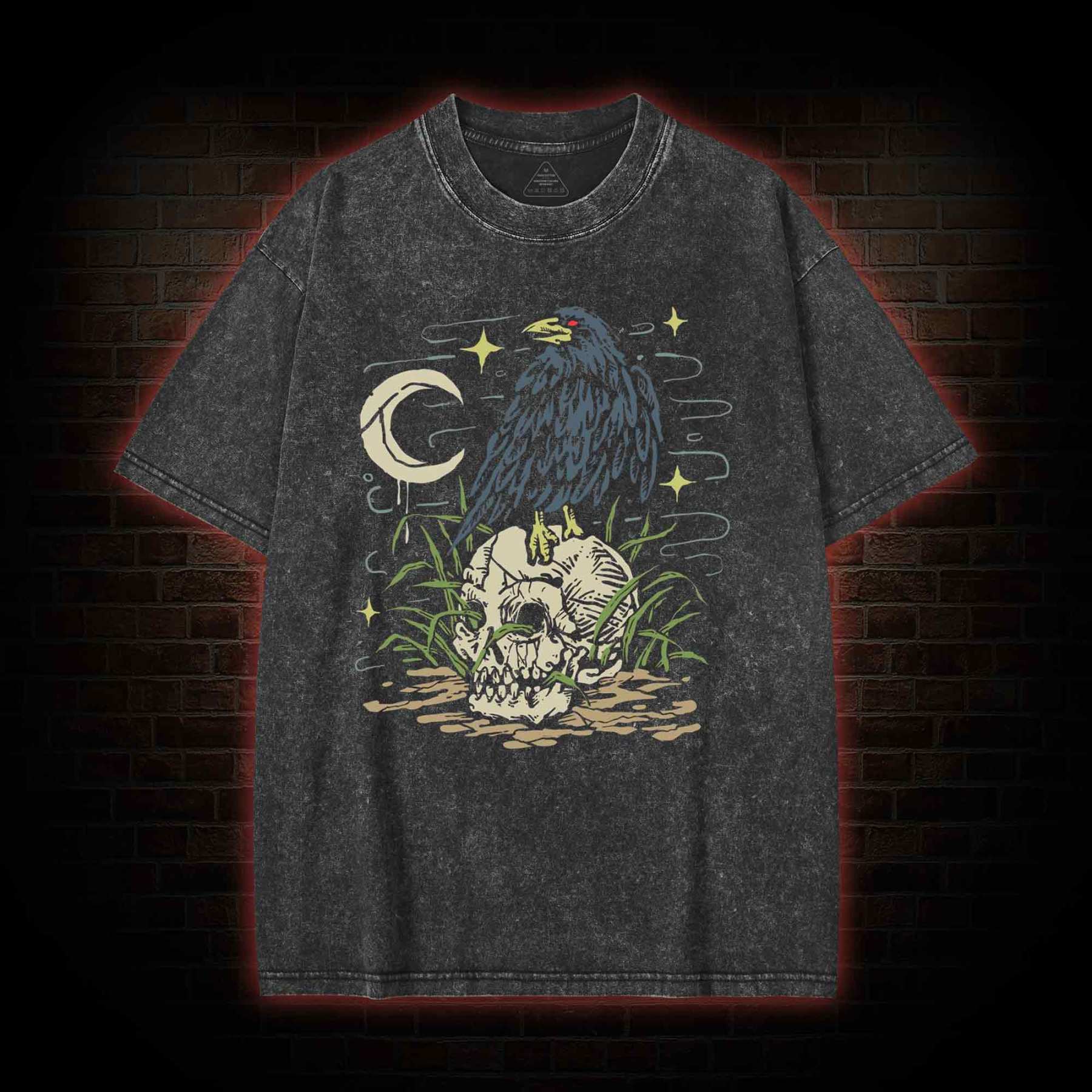 Crow and Skull Washed T-shirt with Dark Style