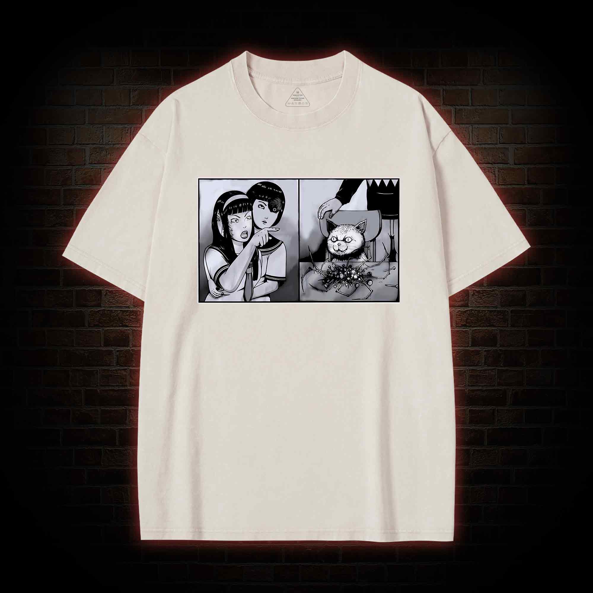 Girl Yelling at a Creepy Cat Washed T-shirt