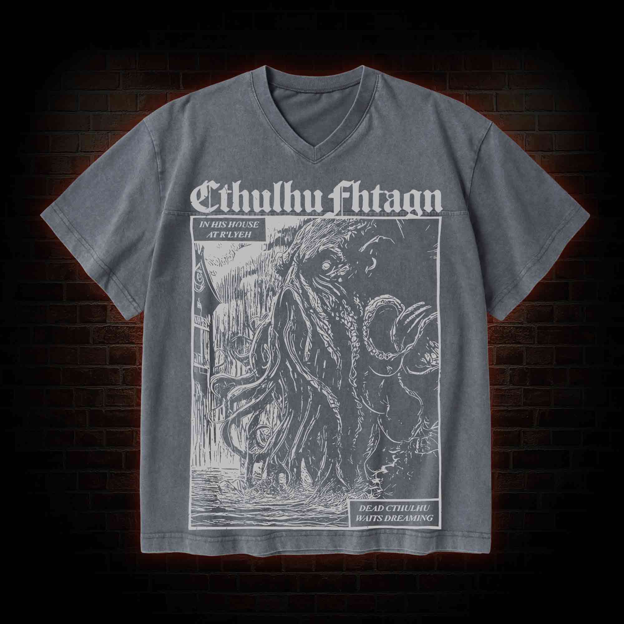 Cthulhu Fhtagn V-Neck Streetwear Washed T-shirt