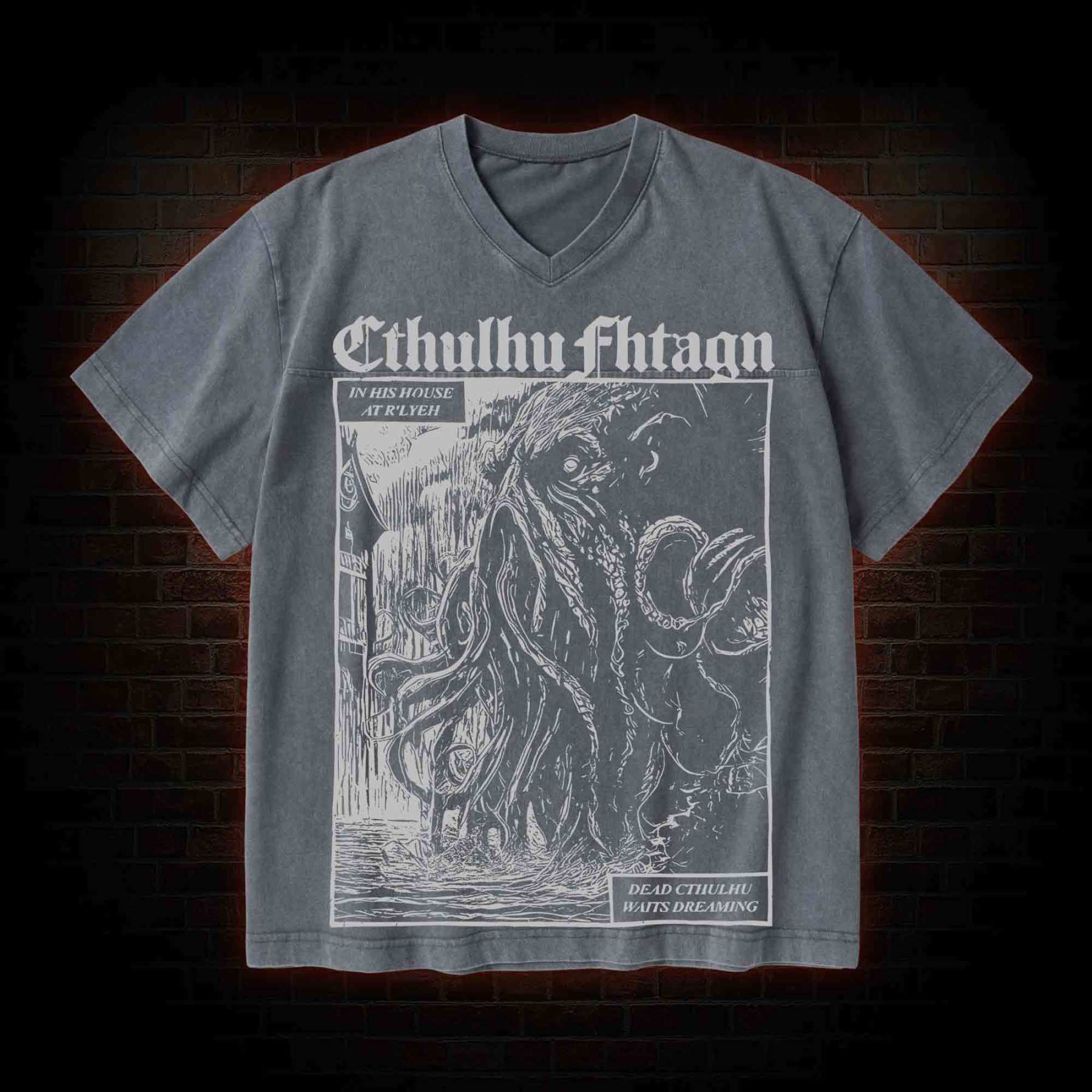 Cthulhu Fhtagn V-Neck Streetwear Washed T-shirt