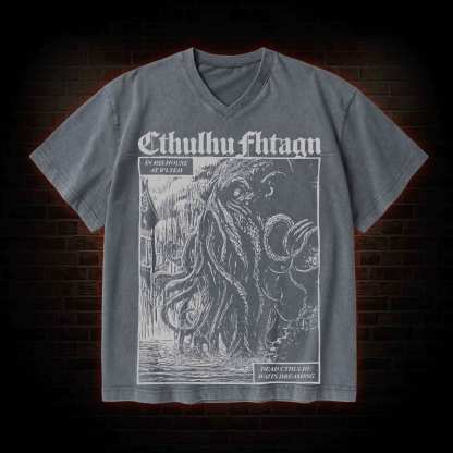 Cthulhu Fhtagn V-Neck Streetwear Washed T-shirt