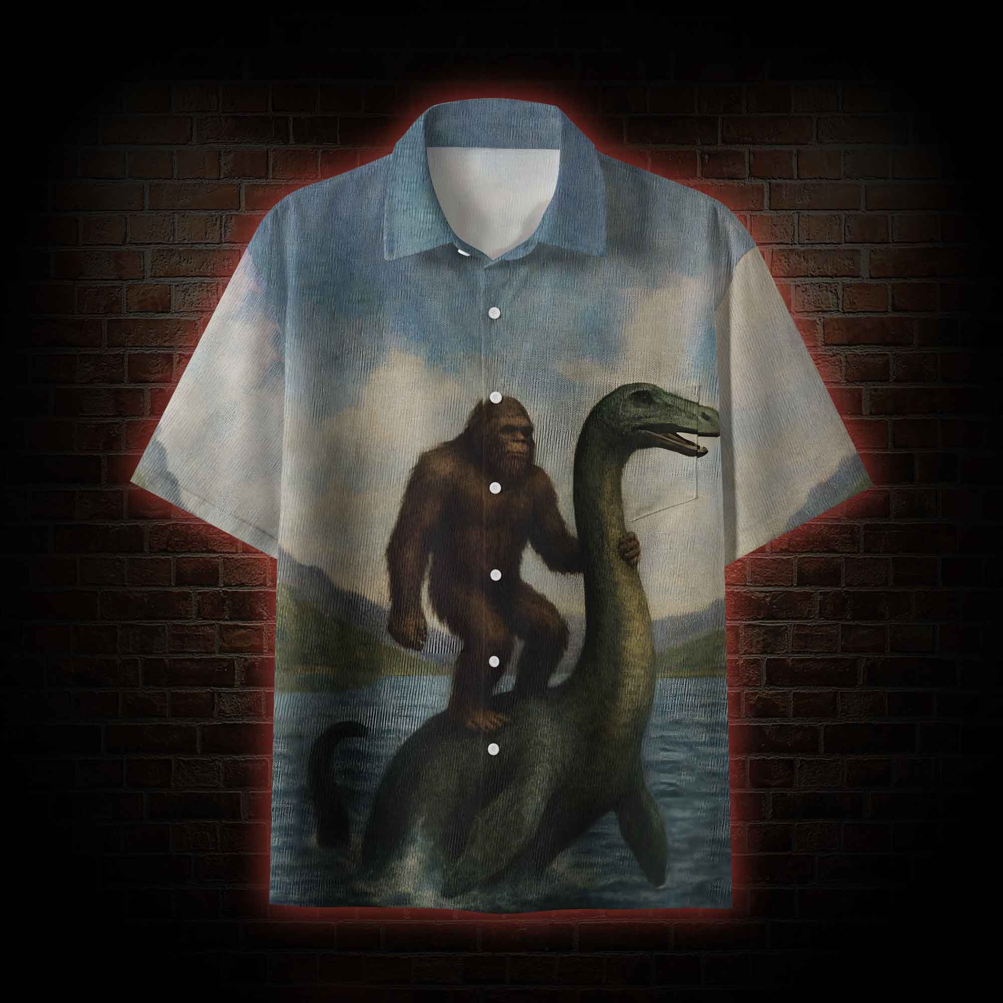 Bigfoot Riding Loch Ness Monster Button-up Shirt