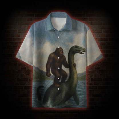 Bigfoot Riding Loch Ness Monster Button-up Shirt