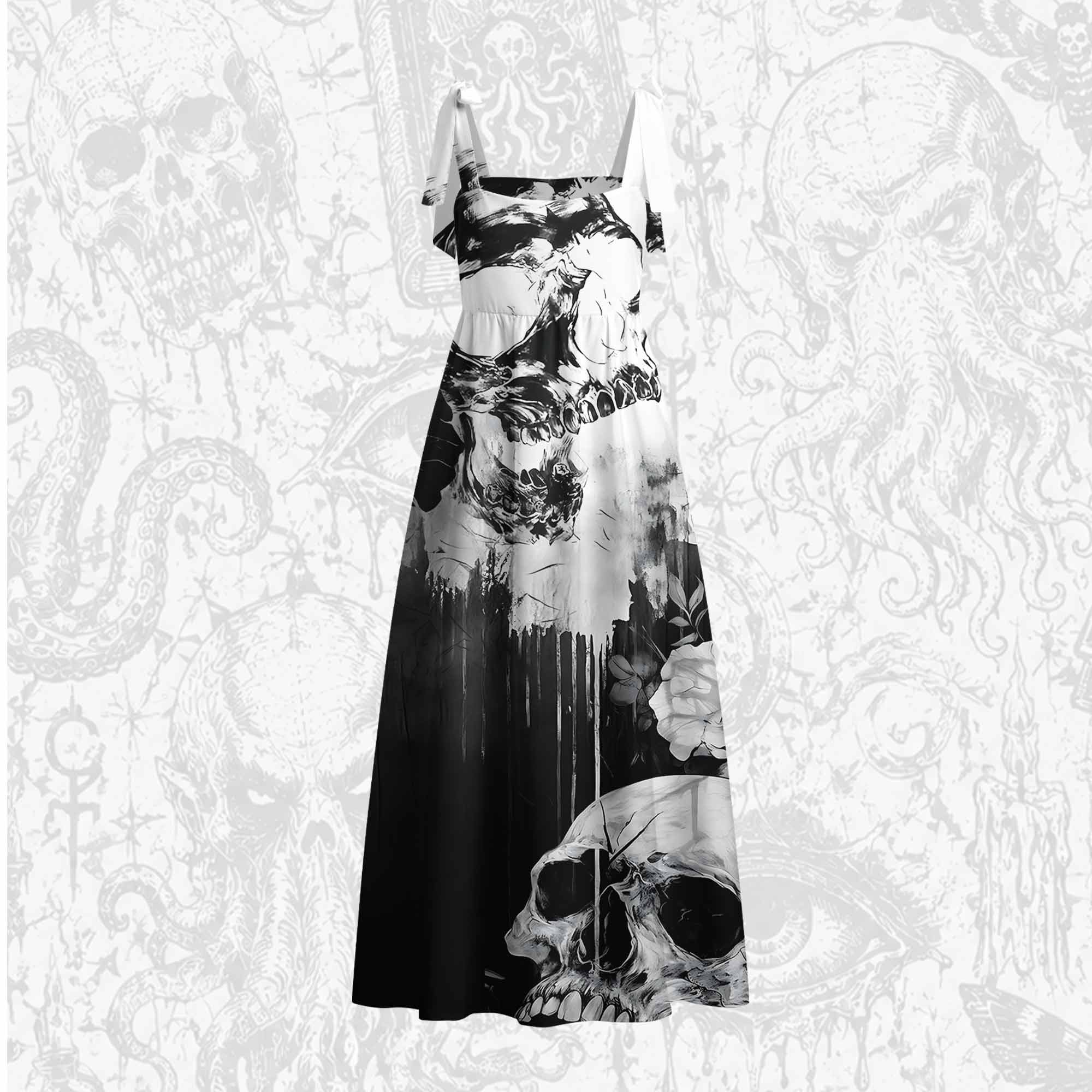 Skull Splatter Art Tie Shoulder Maxi Dress