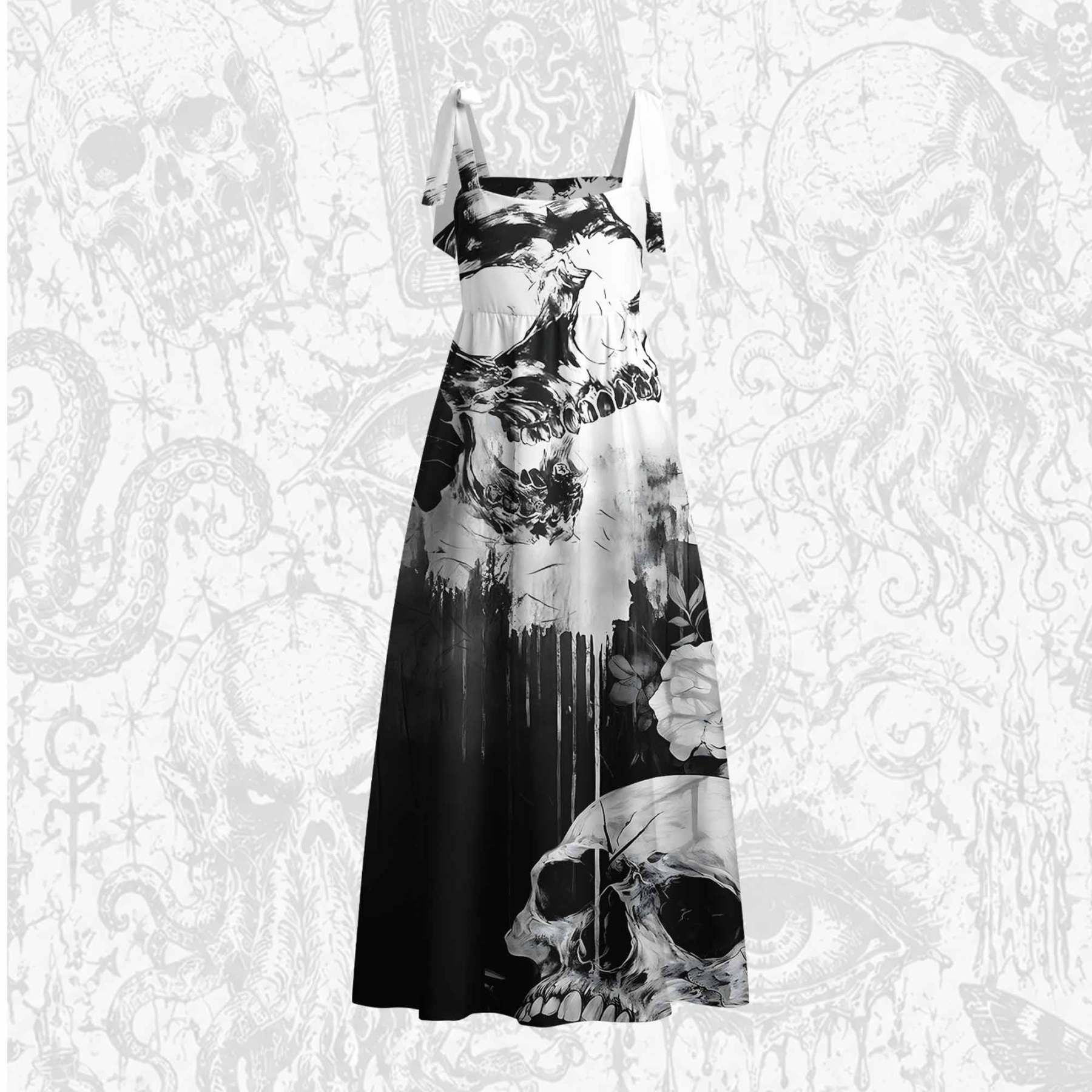 Skull Splatter Art Tie Shoulder Maxi Dress