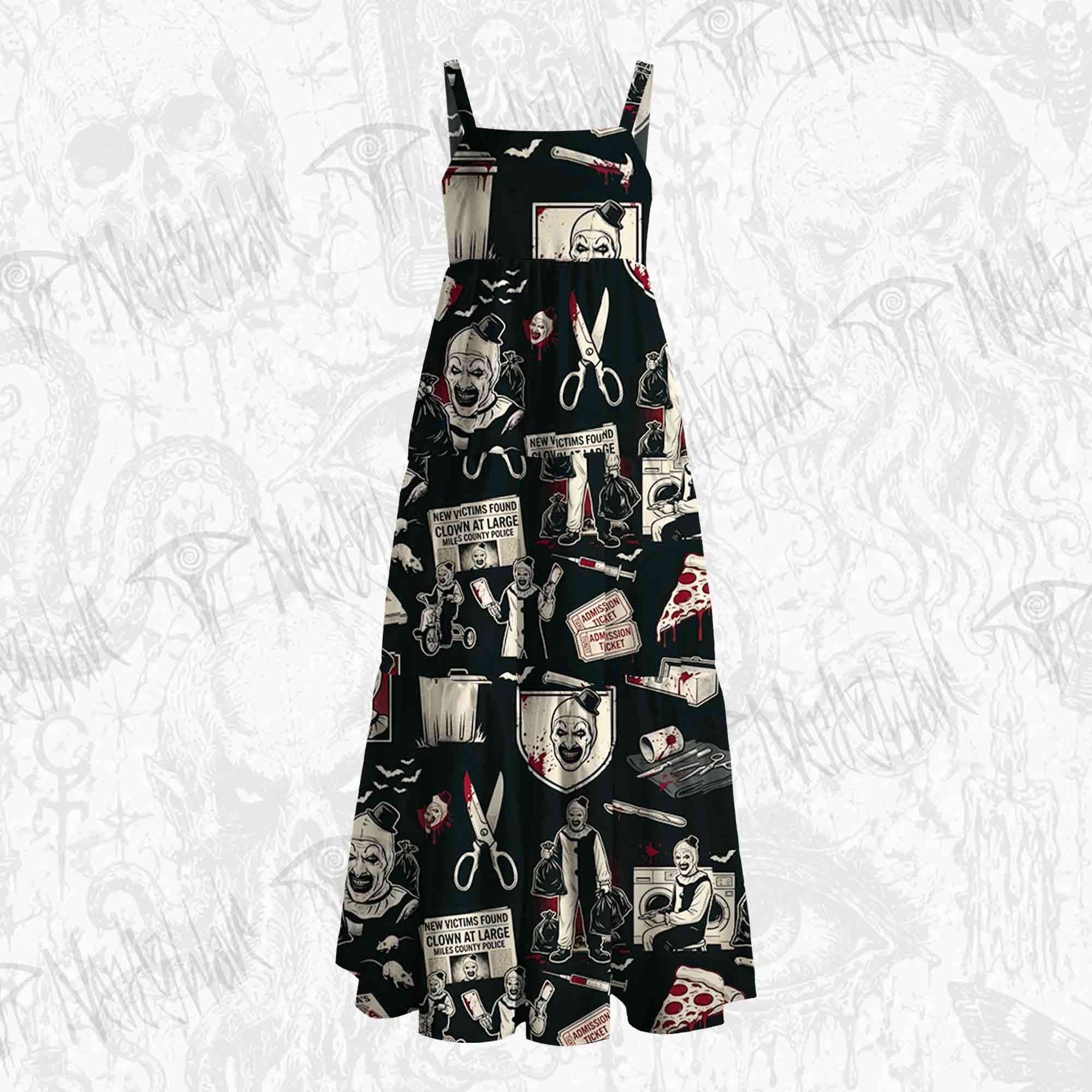 Black White Bloody Horror Clown Wide Straps Maxi Dress