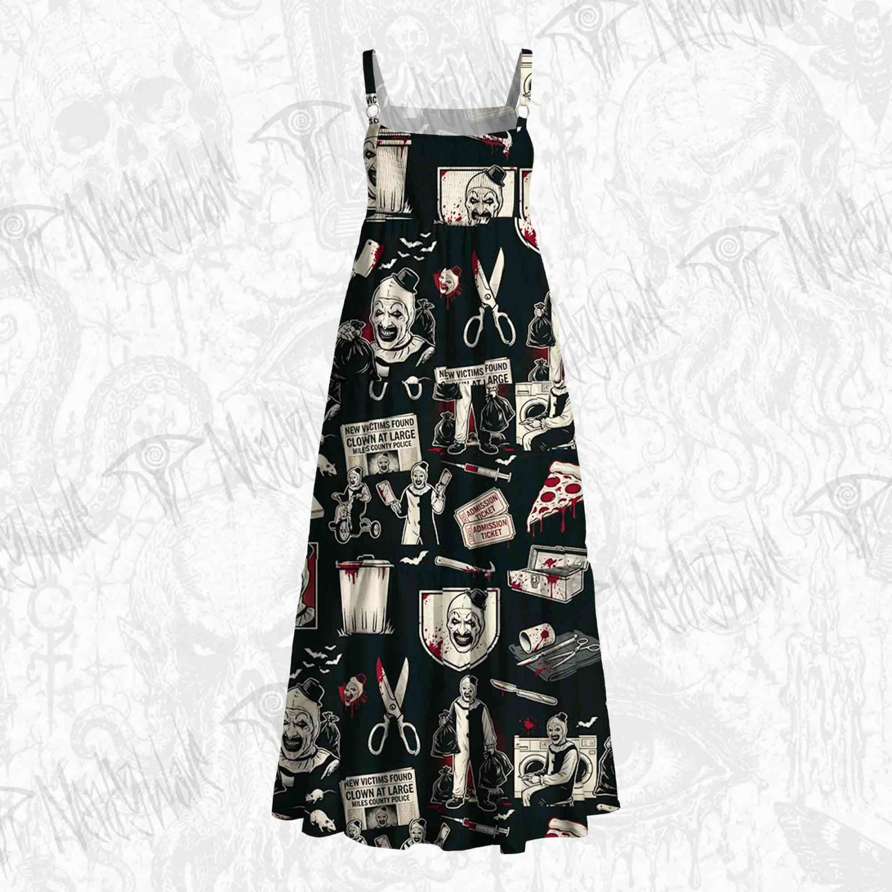 Black White Bloody Horror Clown Wide Straps Maxi Dress
