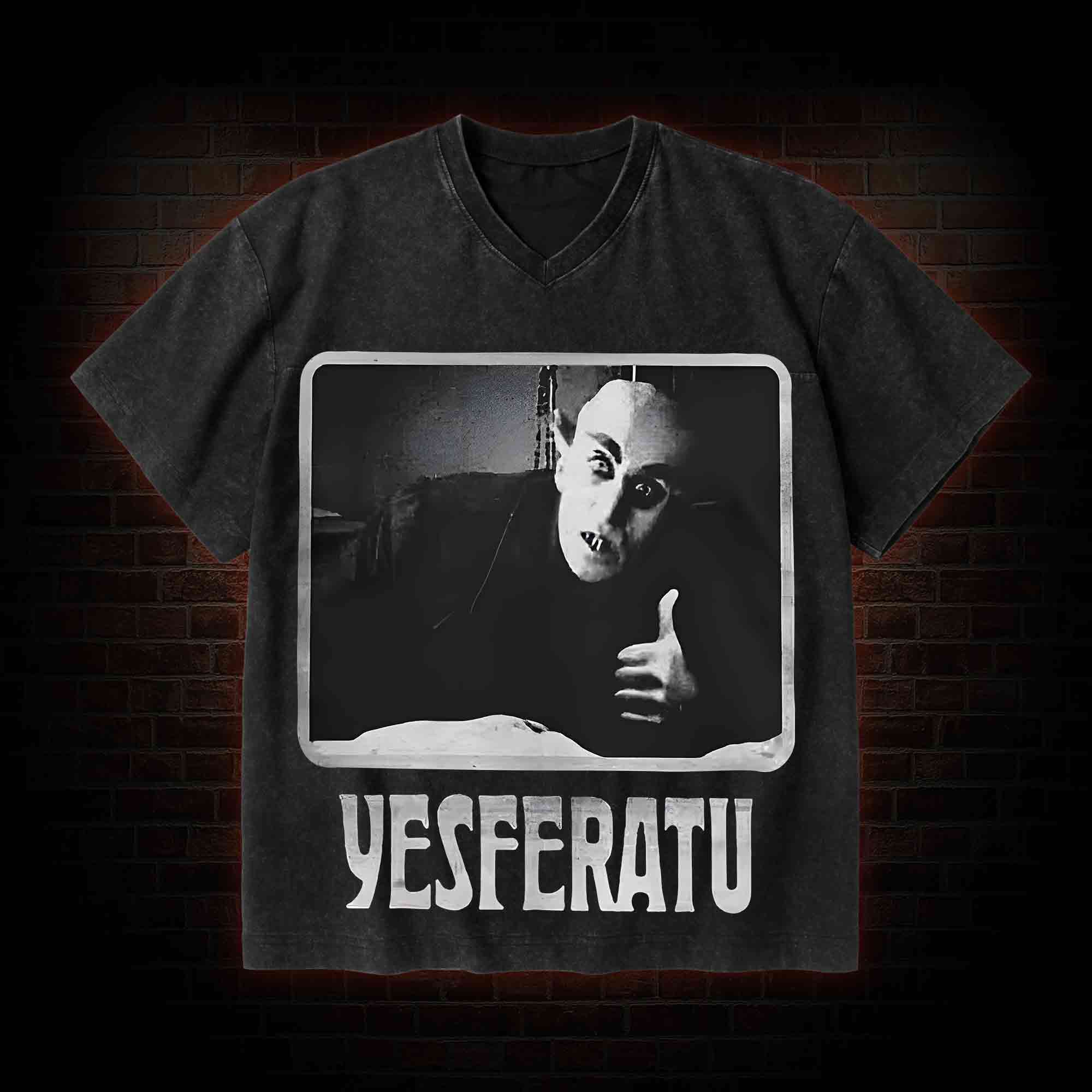Yesferatu Funny Horror Retro V-Neck Streetwear Washed T-shirt