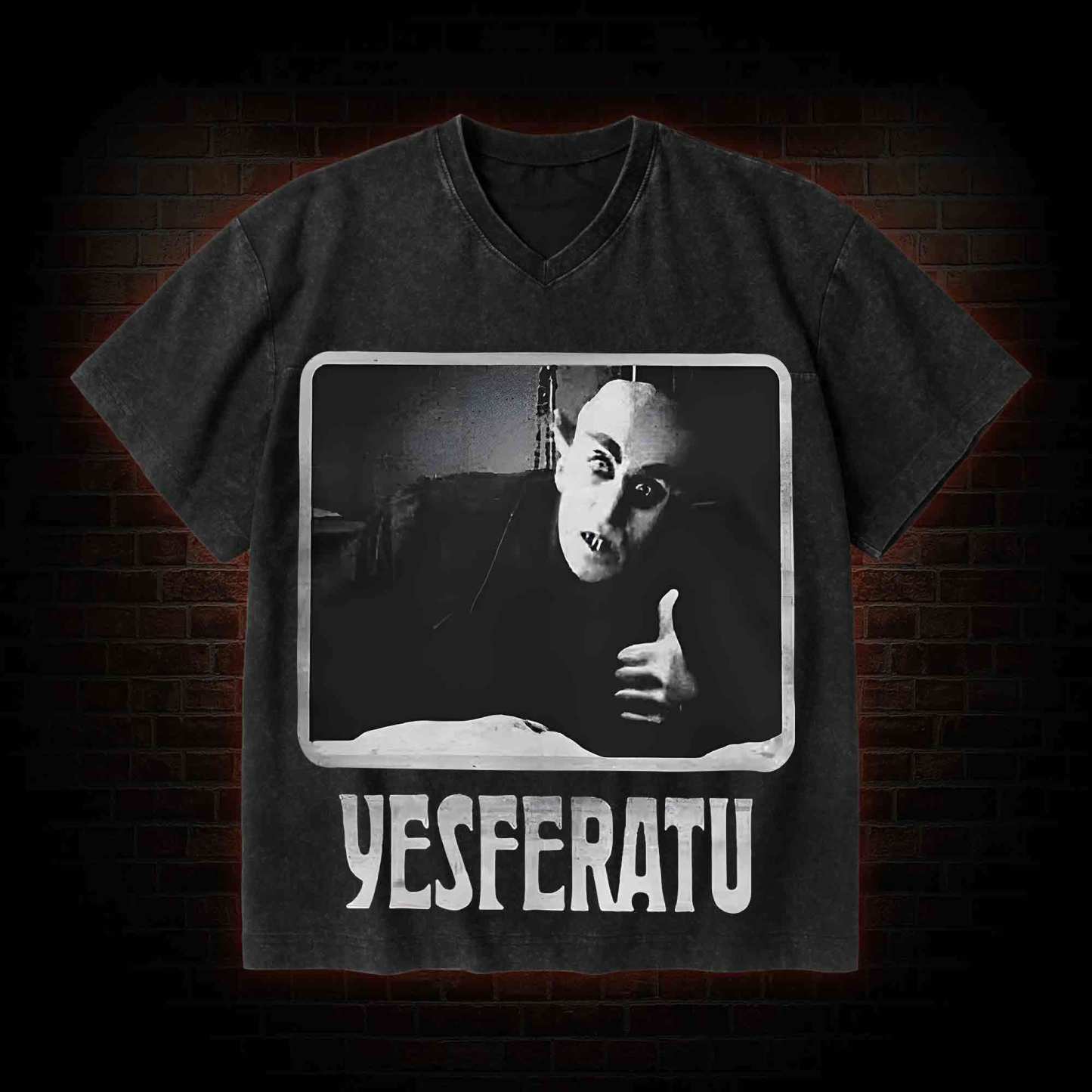 Yesferatu Funny Horror Retro V-Neck Streetwear Washed T-shirt