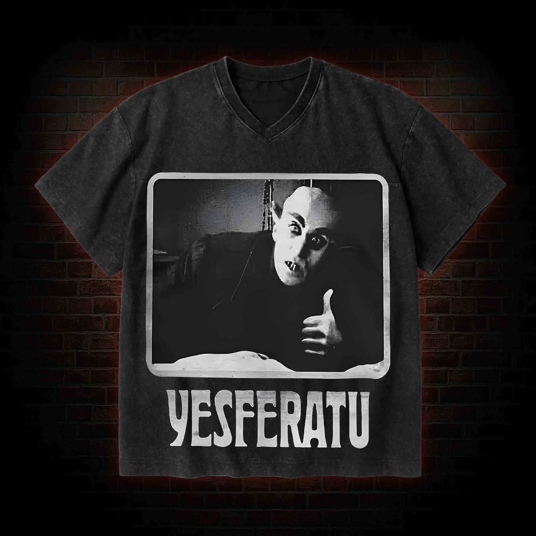 Yesferatu Funny Horror Retro V-Neck Streetwear Washed T-shirt