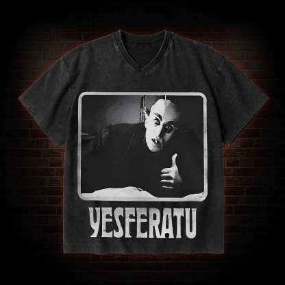 Yesferatu Funny Horror Retro V-Neck Streetwear Washed T-shirt