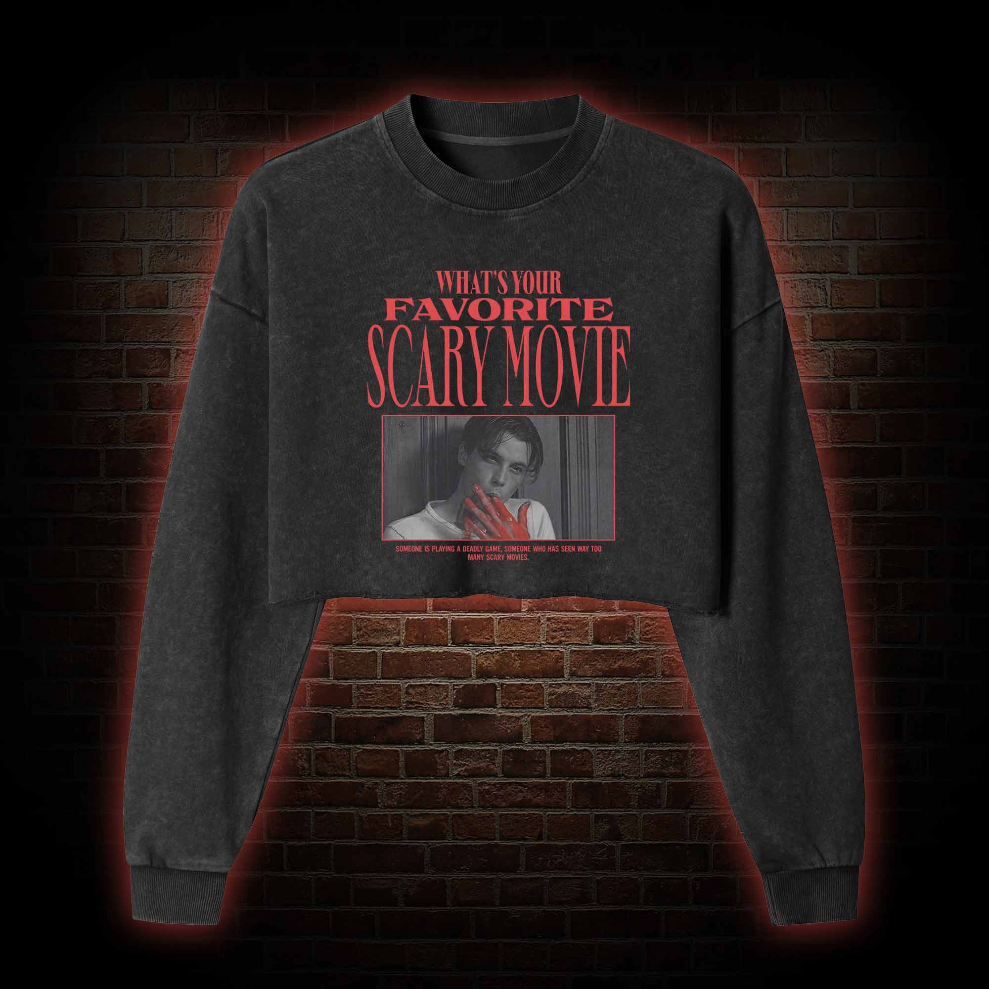 What's Your Favorite Scary Movie Washed Cropped Sweatshirts