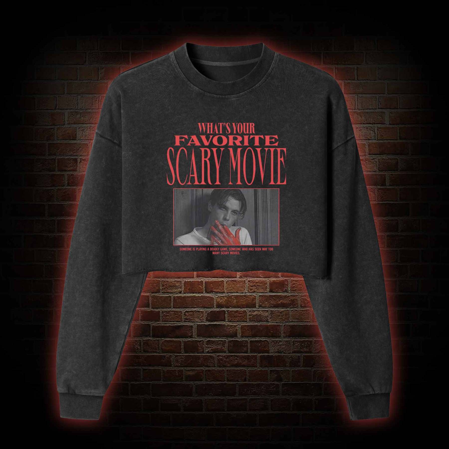 What's Your Favorite Scary Movie Washed Cropped Sweatshirts