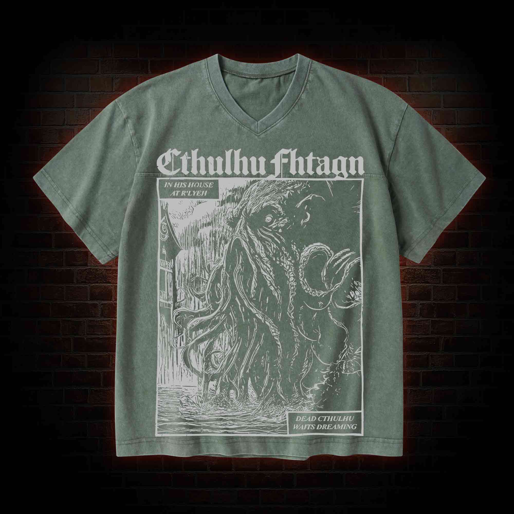 Cthulhu Fhtagn V-Neck Streetwear Washed T-shirt