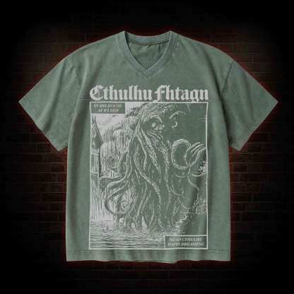 Cthulhu Fhtagn V-Neck Streetwear Washed T-shirt