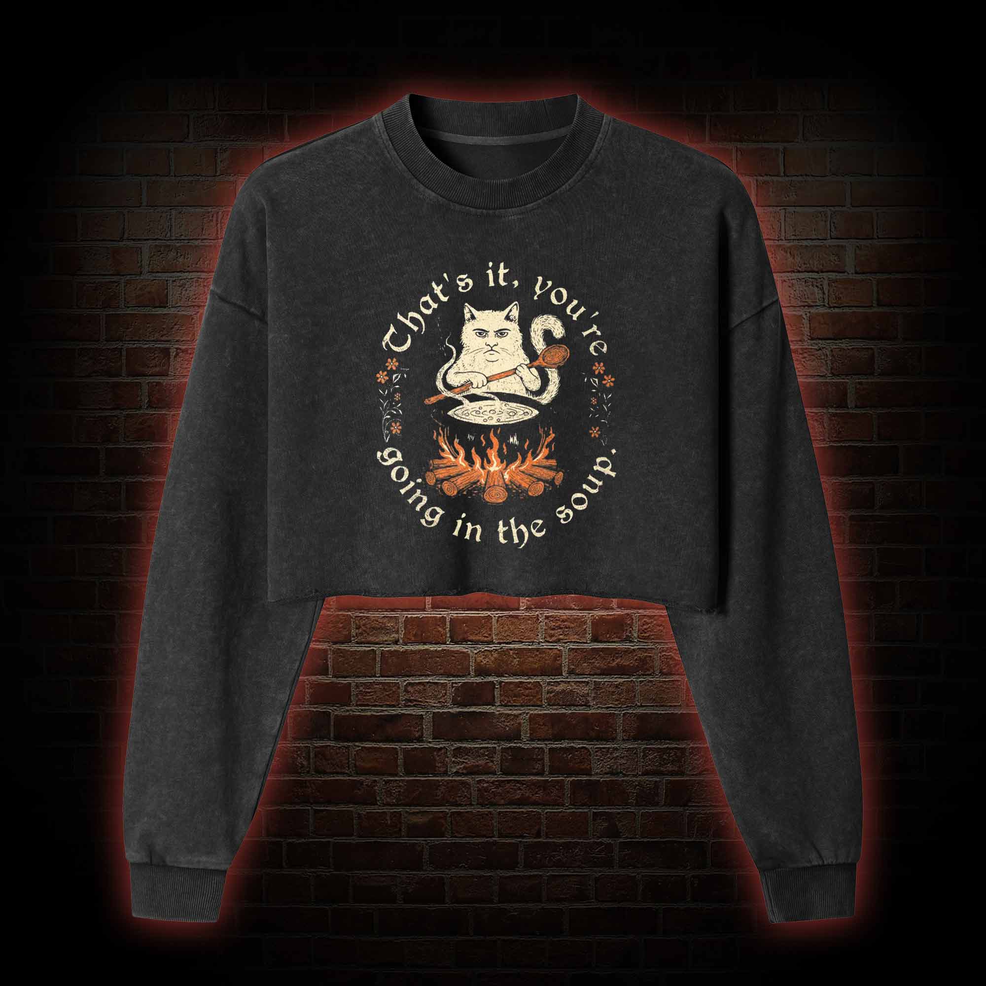 Weird Medieval Cat Washed Cropped Sweatshirts