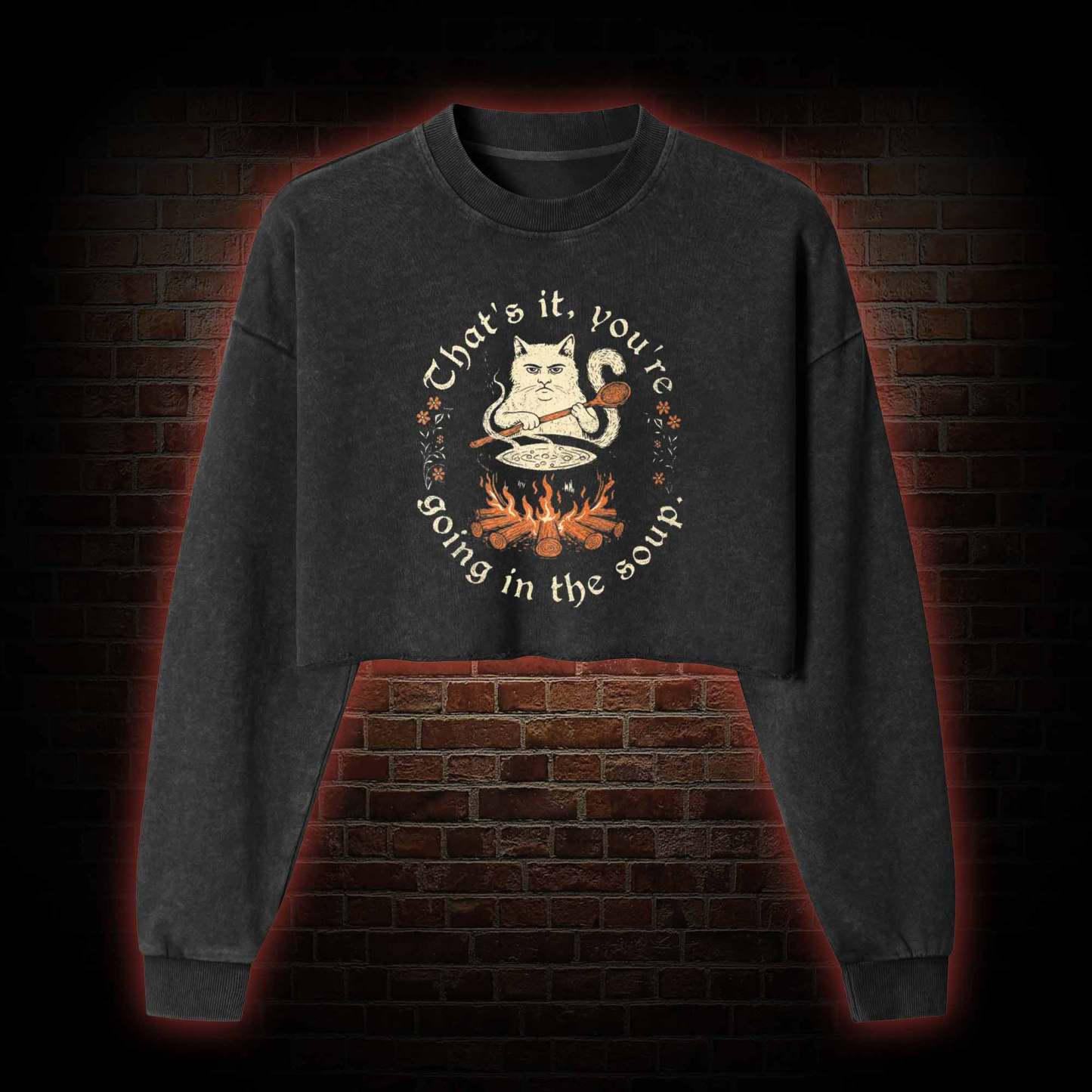 Weird Medieval Cat Washed Cropped Sweatshirts