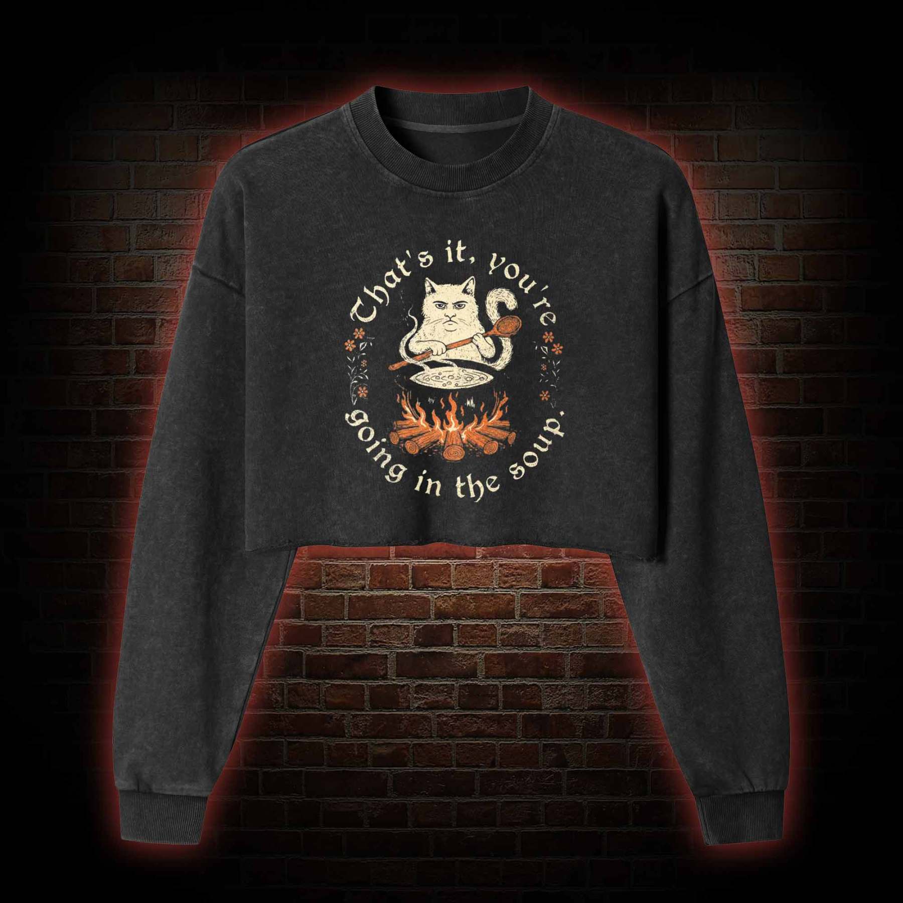 Weird Medieval Cat Washed Cropped Sweatshirts