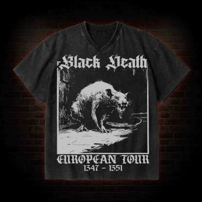 Black Death European Tour 1347-1351 V-Neck Streetwear Washed T-shirt