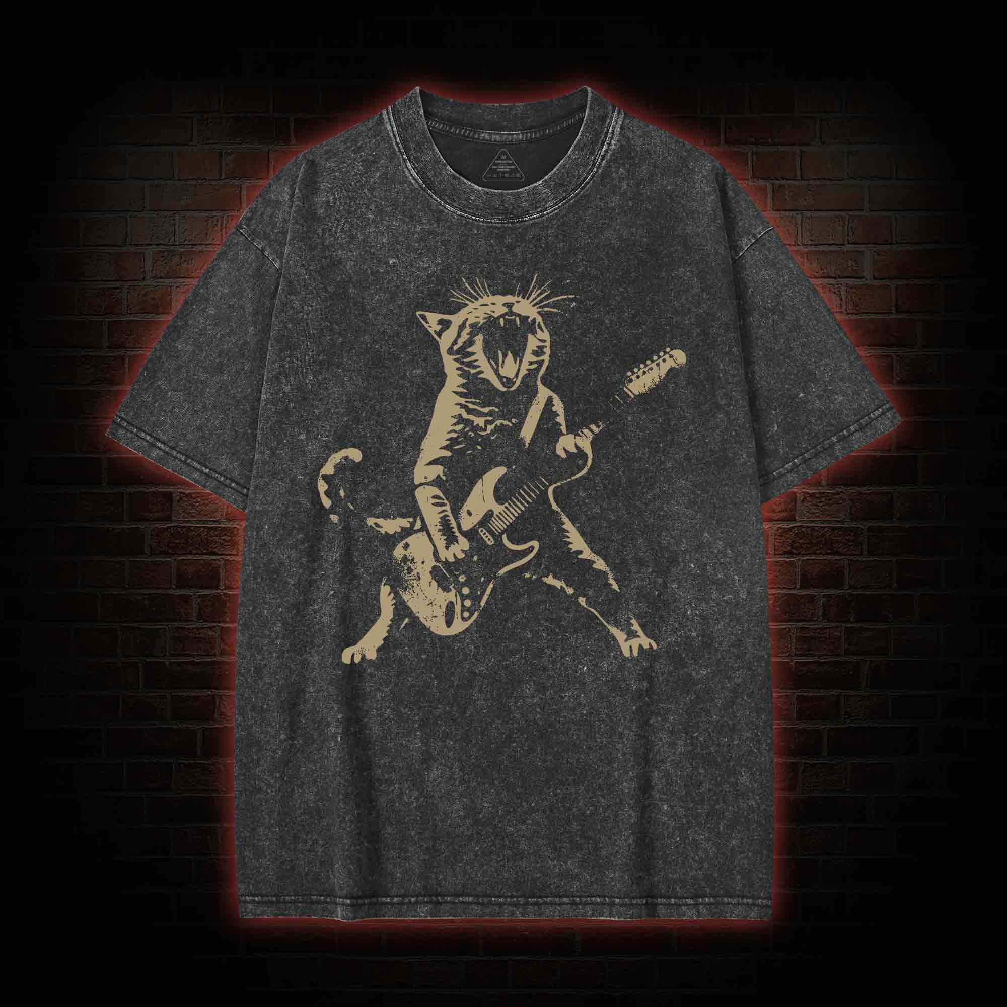 Rock Cat Playing Guitar Washed T-shirt