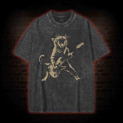 Rock Cat Playing Guitar Washed T-shirt