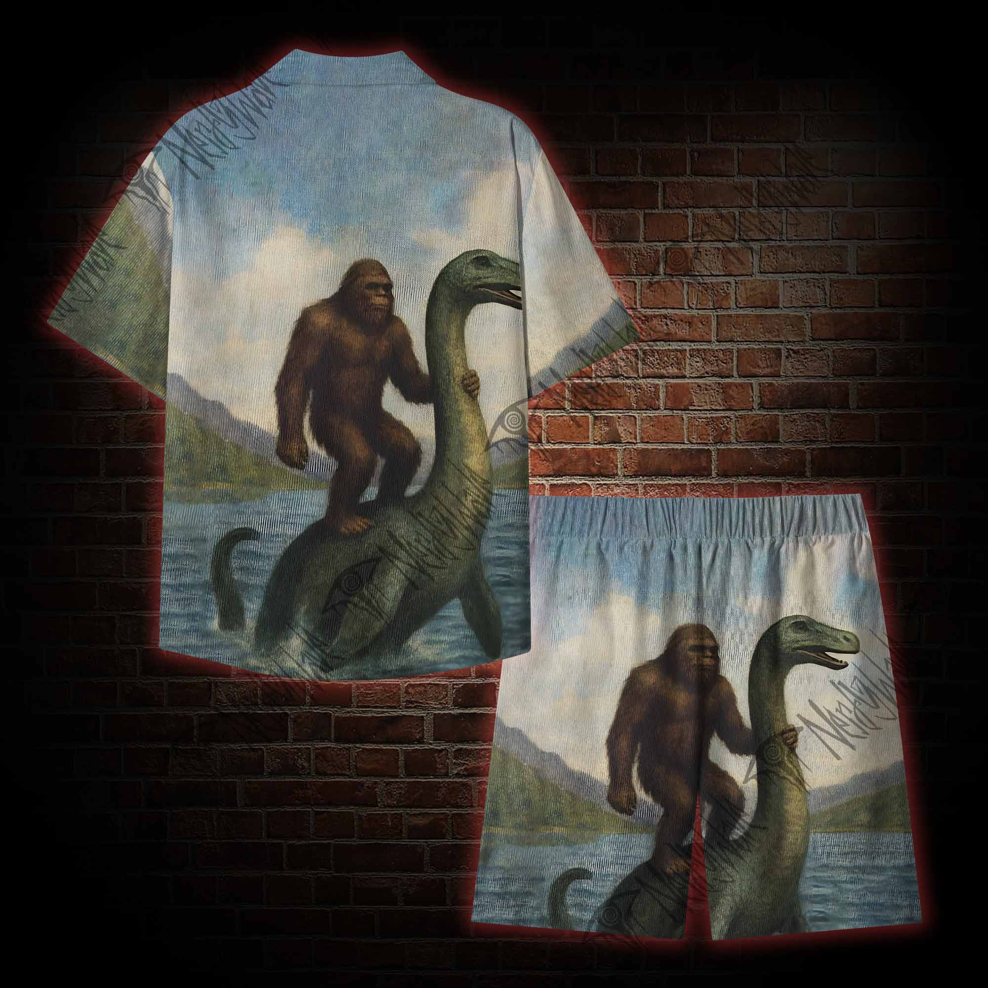 Bigfoot Riding Loch Ness Monster Button-up Shirt