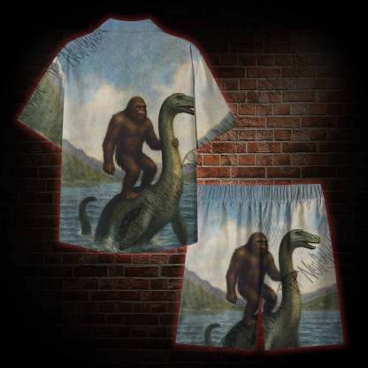 Bigfoot Riding Loch Ness Monster Button-up Shirt