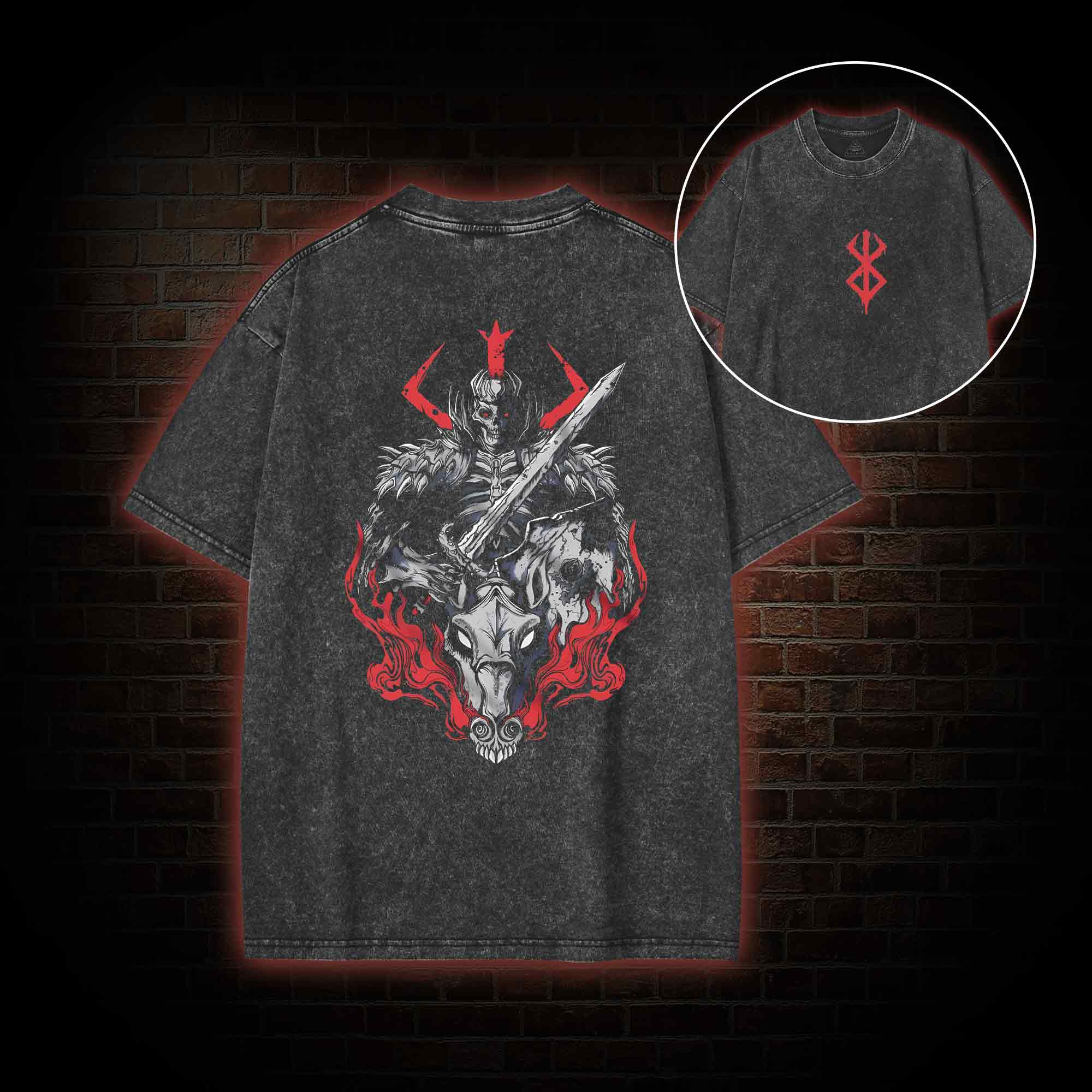 Skull Knight Back Print Washed T-shirt