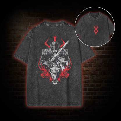 Skull Knight Back Print Washed T-shirt