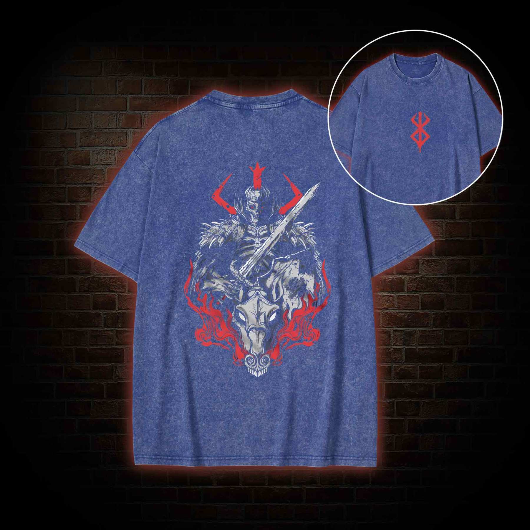 Skull Knight Back Print Washed T-shirt