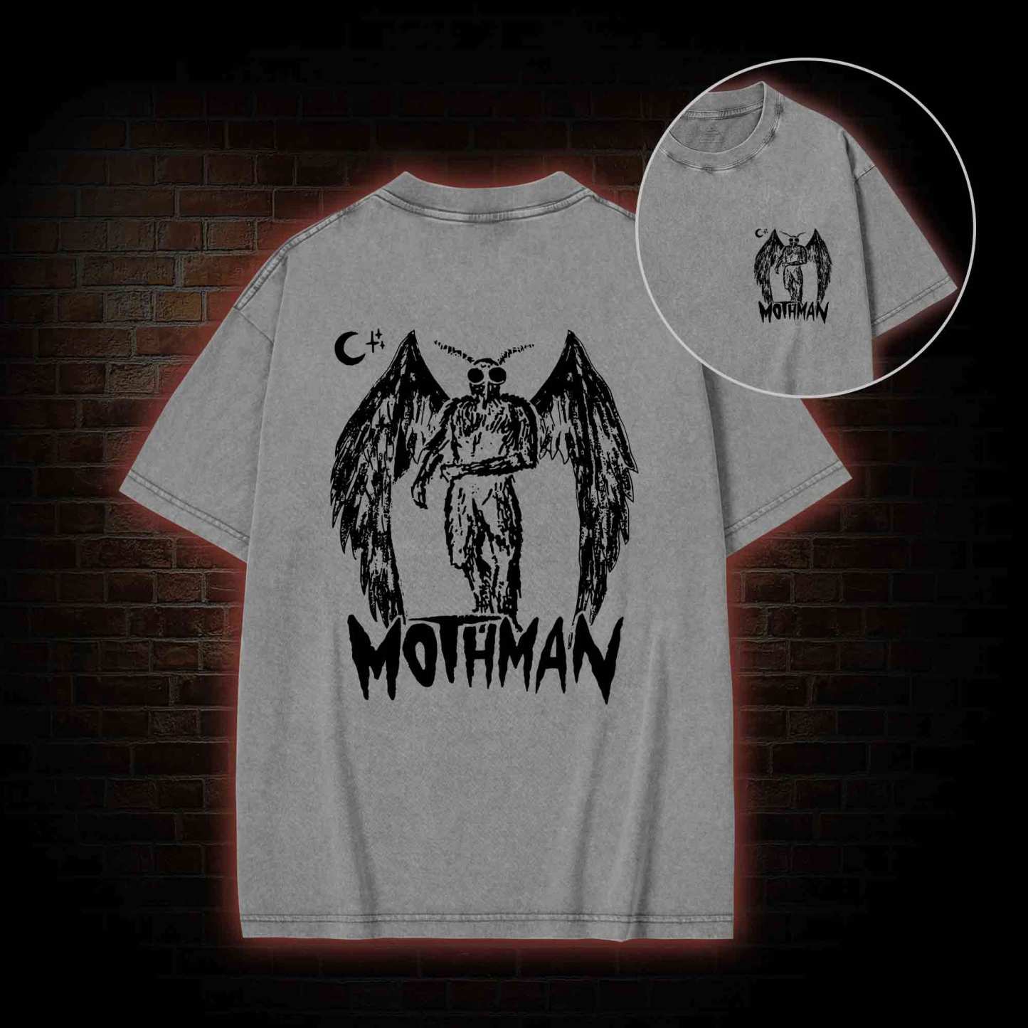 Mothman Bcak Print Washed T-shirt