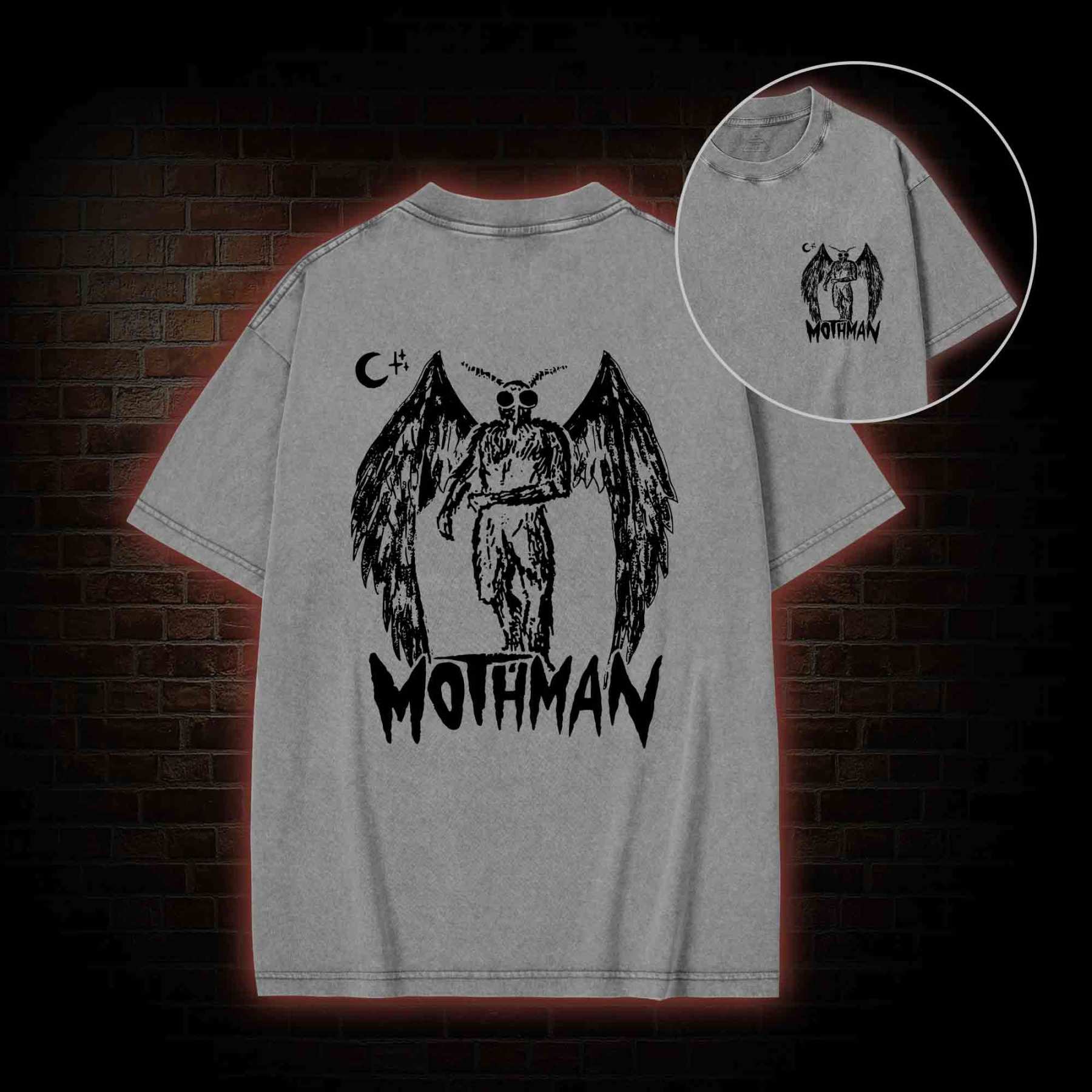 Mothman Bcak Print Washed T-shirt