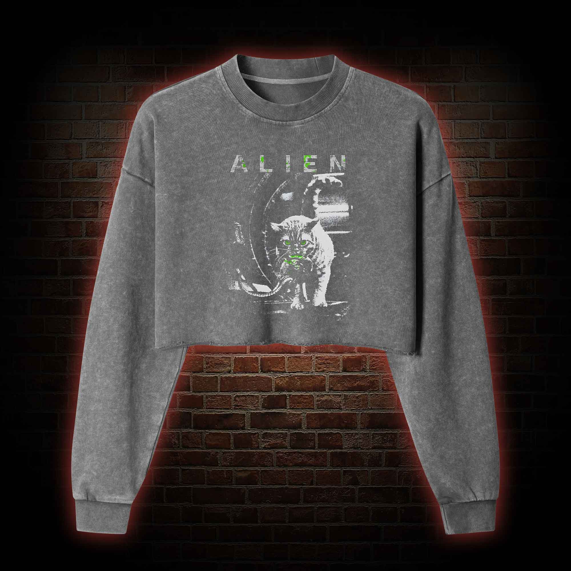 Alien Cat Washed Cropped Sweatshirts