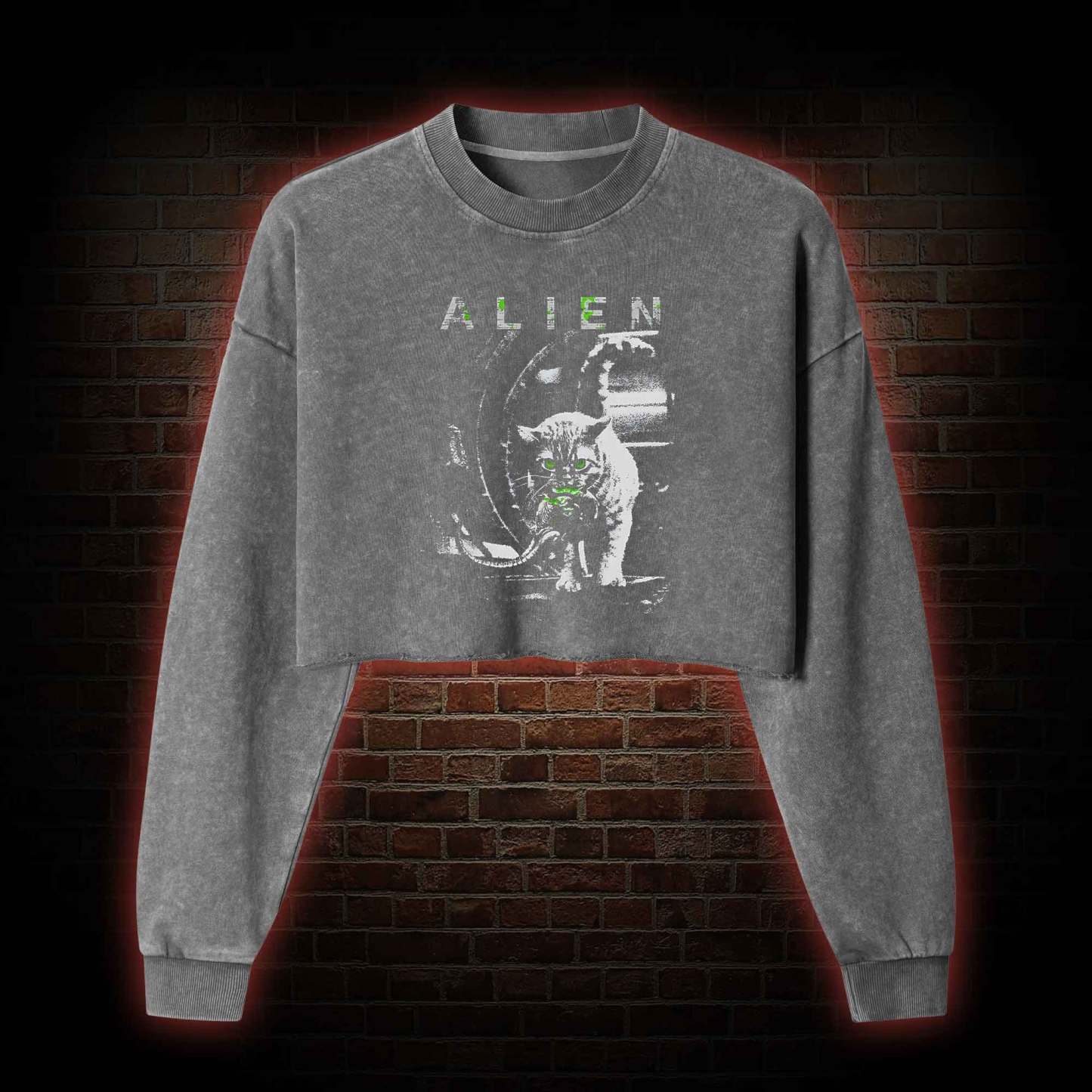 Alien Cat Washed Cropped Sweatshirts