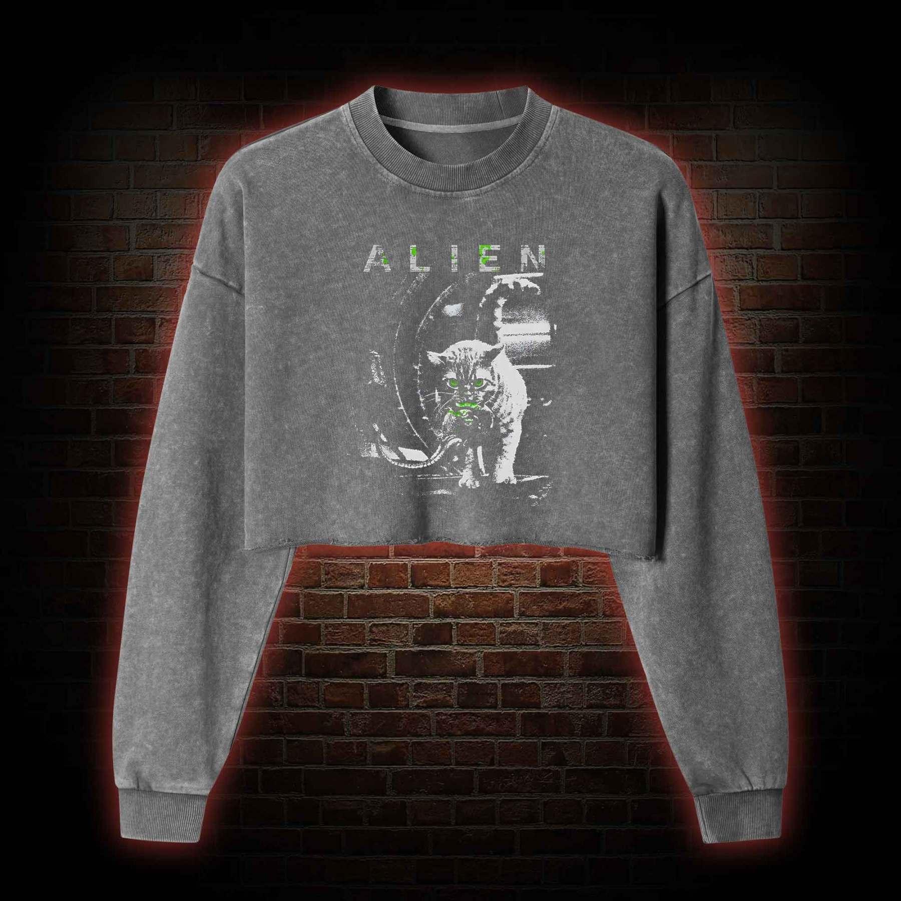 Alien Cat Washed Cropped Sweatshirts