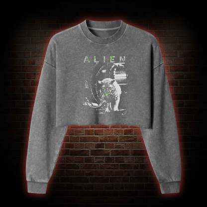 Alien Cat Washed Cropped Sweatshirts