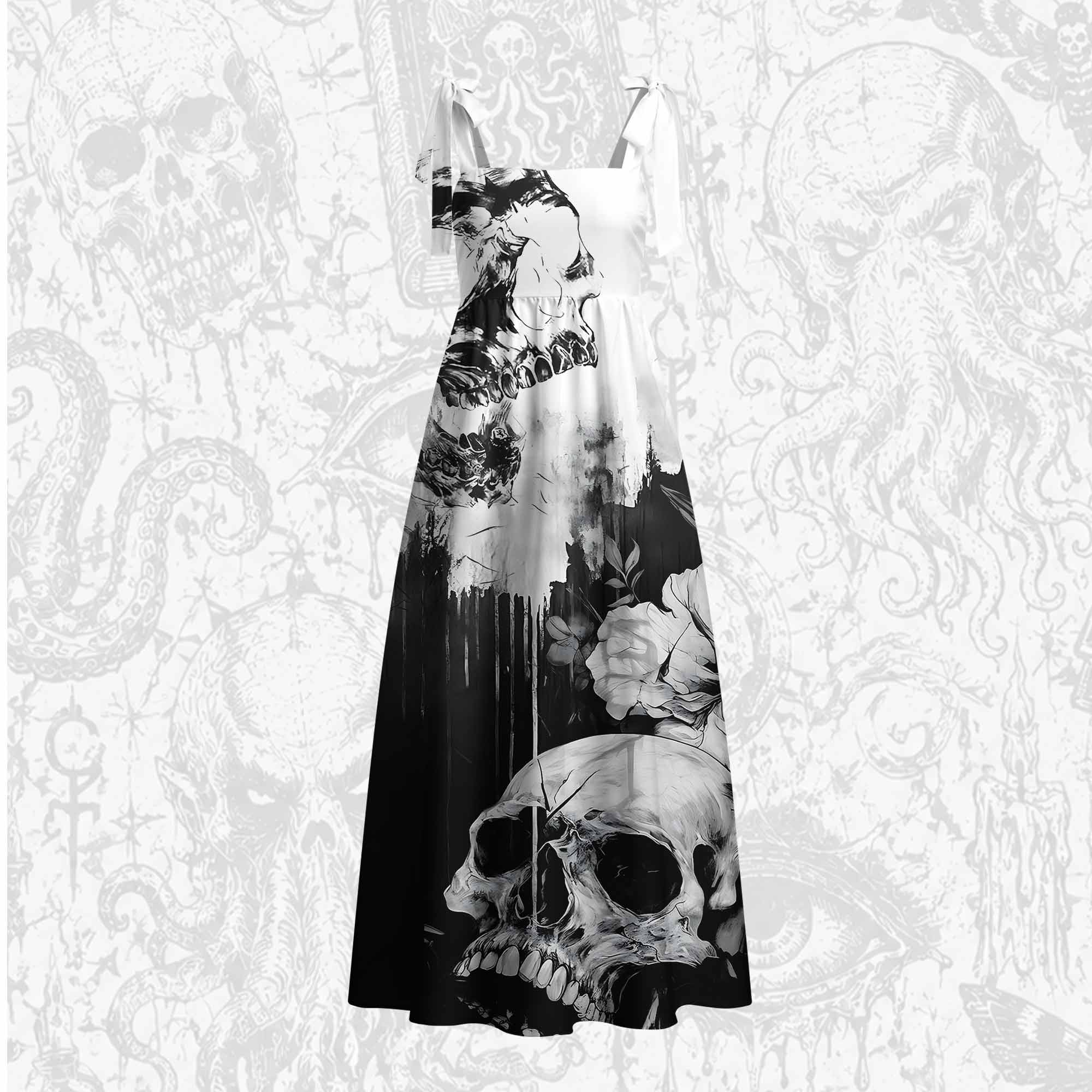 Skull Splatter Art Tie Shoulder Maxi Dress