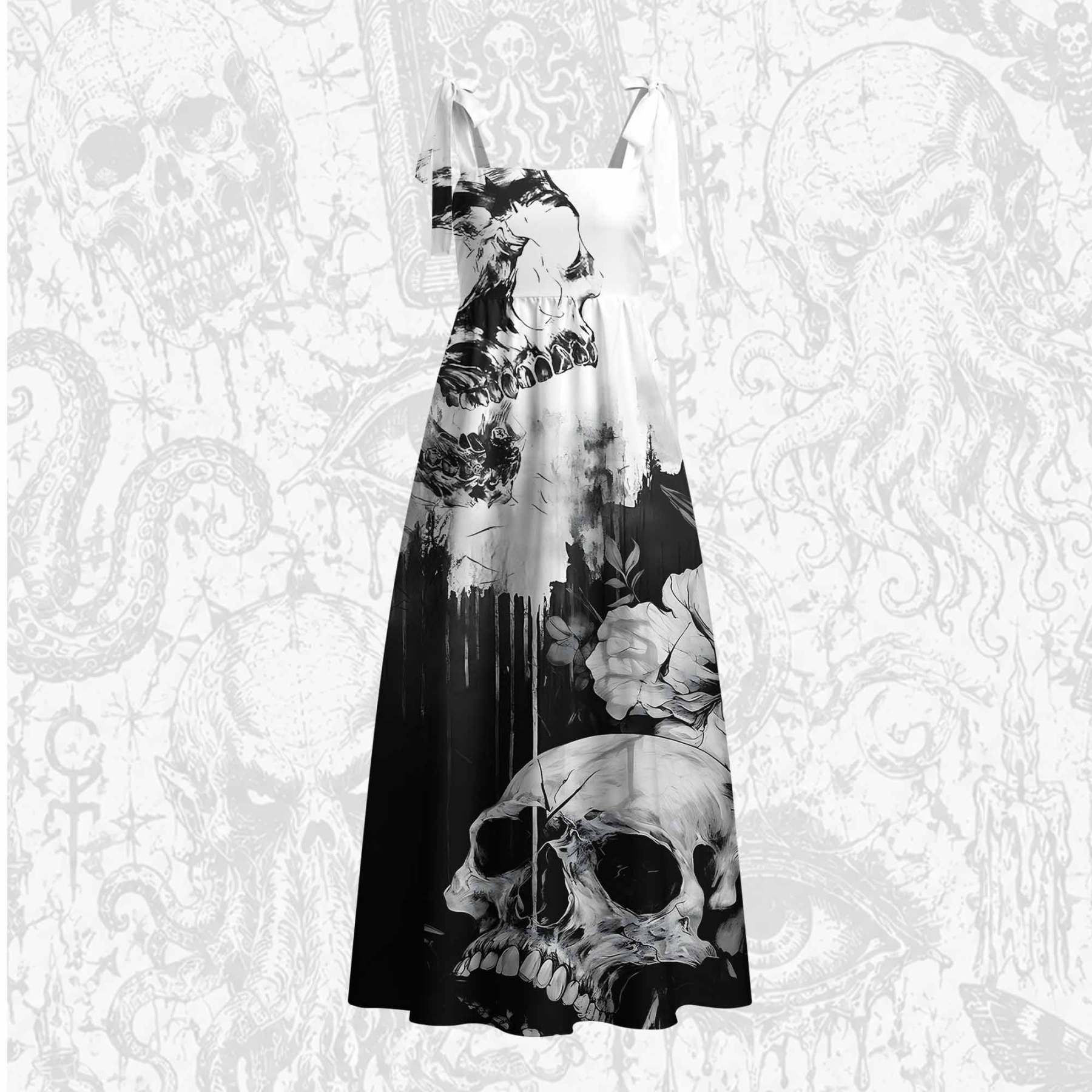 Skull Splatter Art Tie Shoulder Maxi Dress