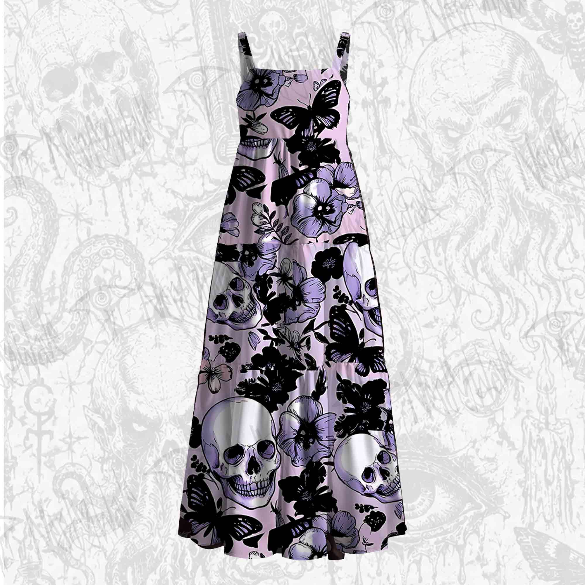 Pastel Goth Skull Wide Straps Maxi Dress