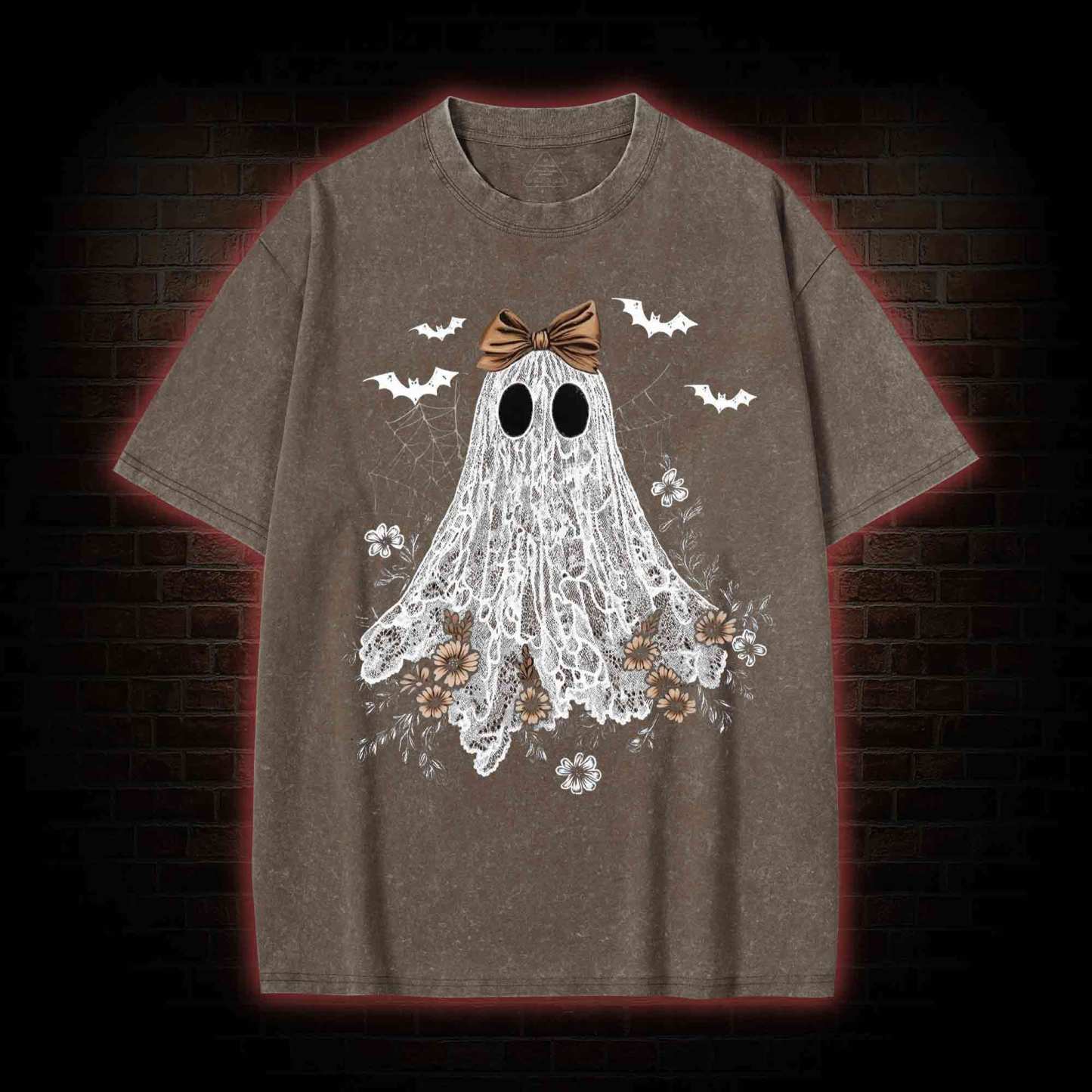 Floral Cute Halloween Ghost Washed T-shirt