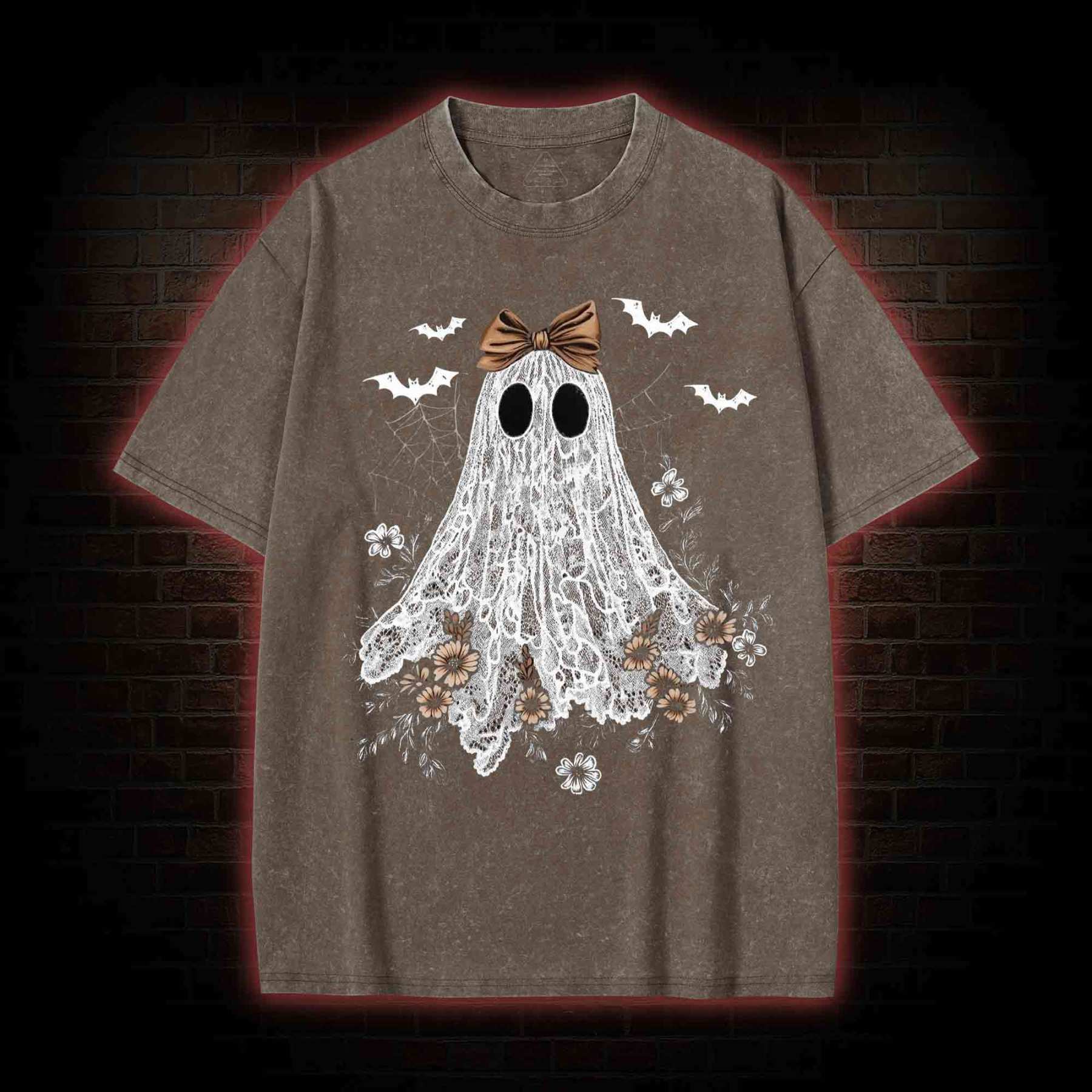 Floral Cute Halloween Ghost Washed T-shirt