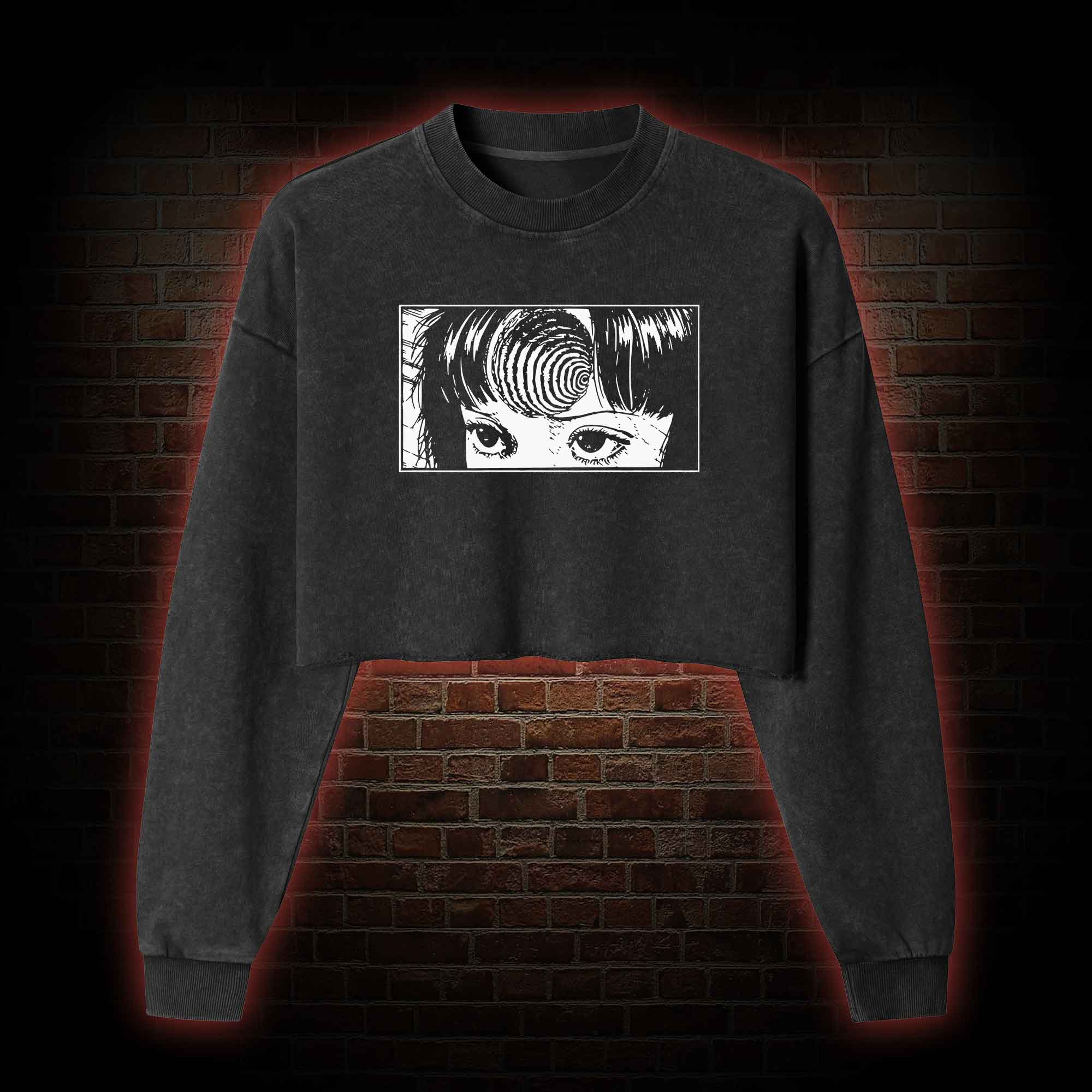 Creepy Girl Eyes, Spiral Horror Manga Washed Cropped Sweatshirts