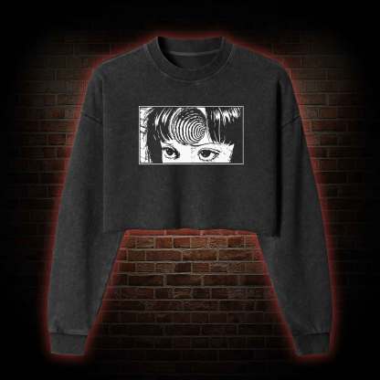 Creepy Girl Eyes, Spiral Horror Manga Washed Cropped Sweatshirts
