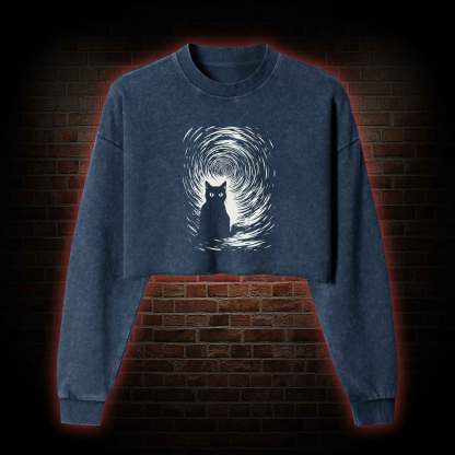 Retro Black Cat Washed Cropped Sweatshirts