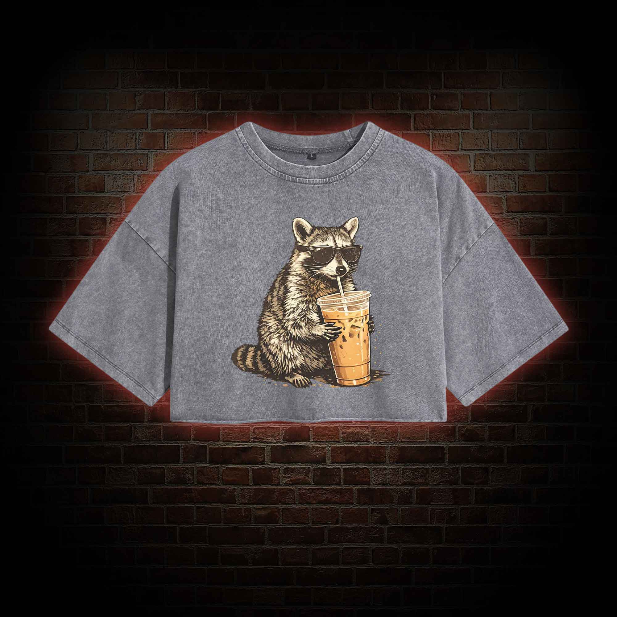 Raccoon Drinking Iced Coffee Washed Cropped T-shirts