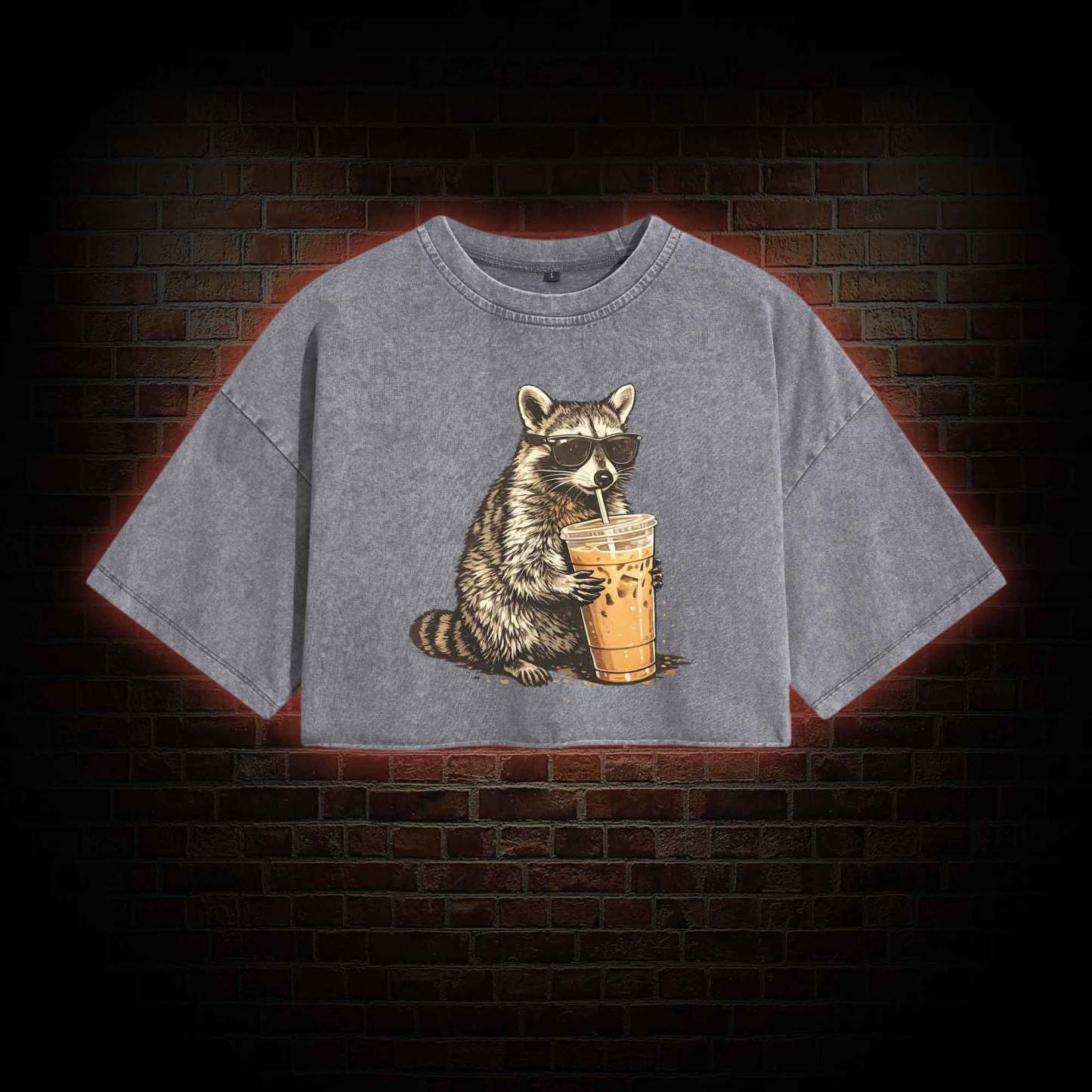 Raccoon Drinking Iced Coffee Washed Cropped T-shirts