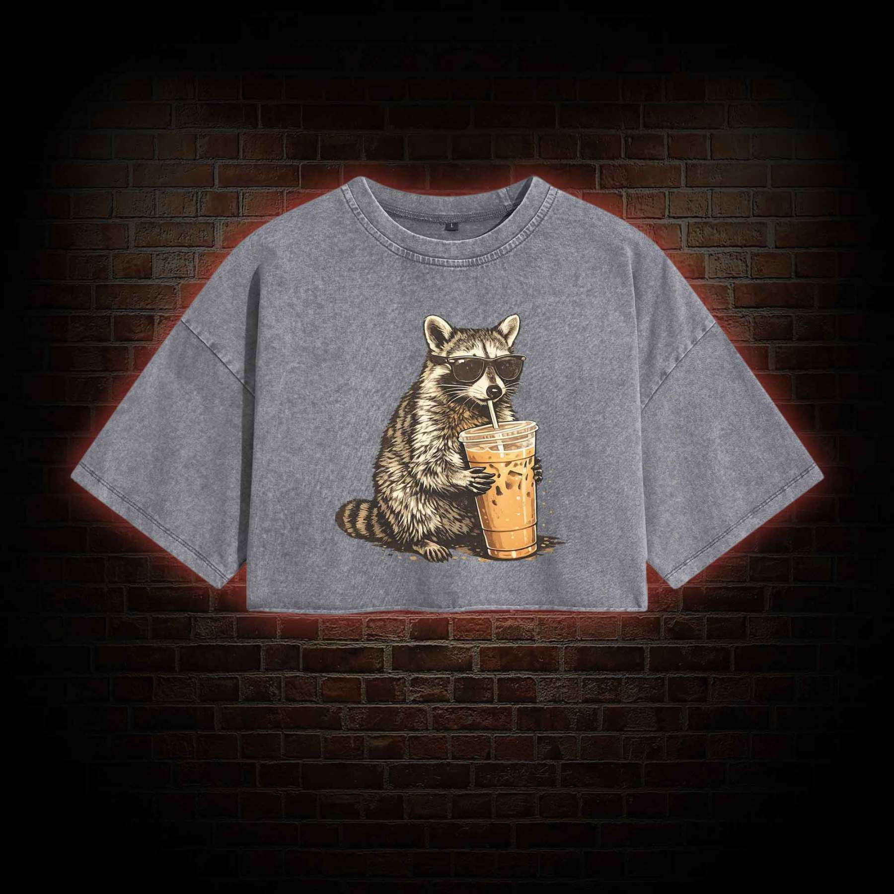 Raccoon Drinking Iced Coffee Washed Cropped T-shirts