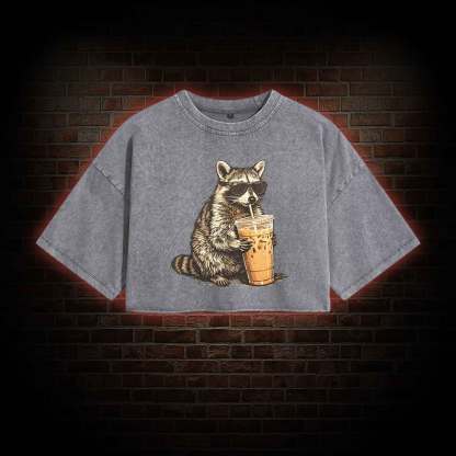 Raccoon Drinking Iced Coffee Washed Cropped T-shirts
