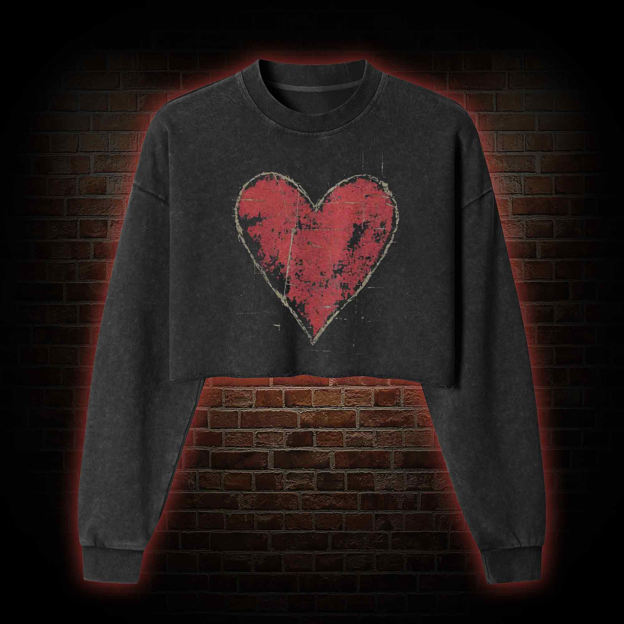 Distressed Heart Washed Cropped Sweatshirts
